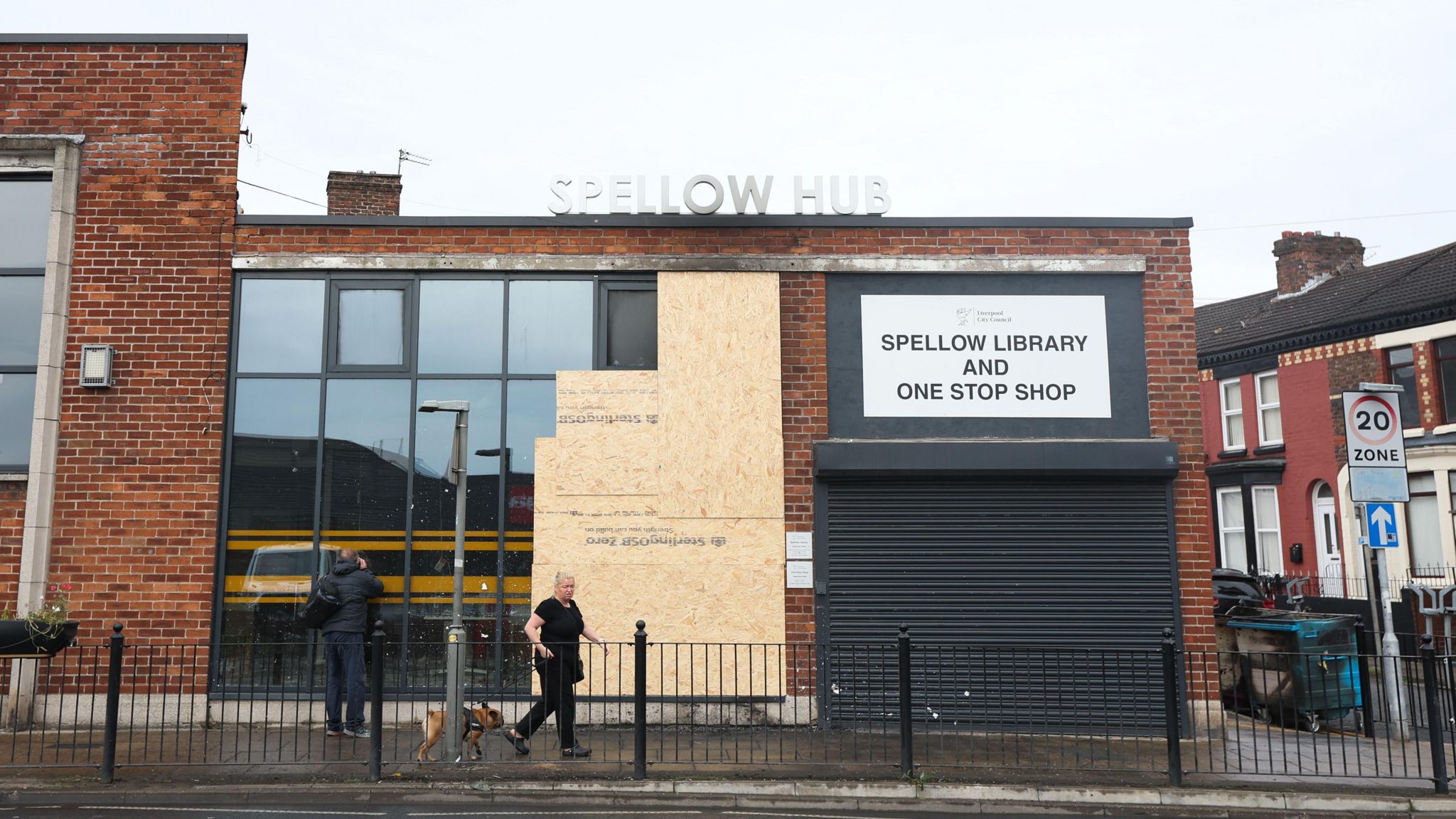 A general view shot of Spellow Lane library on County Road, picture shows building boarded up from the fire