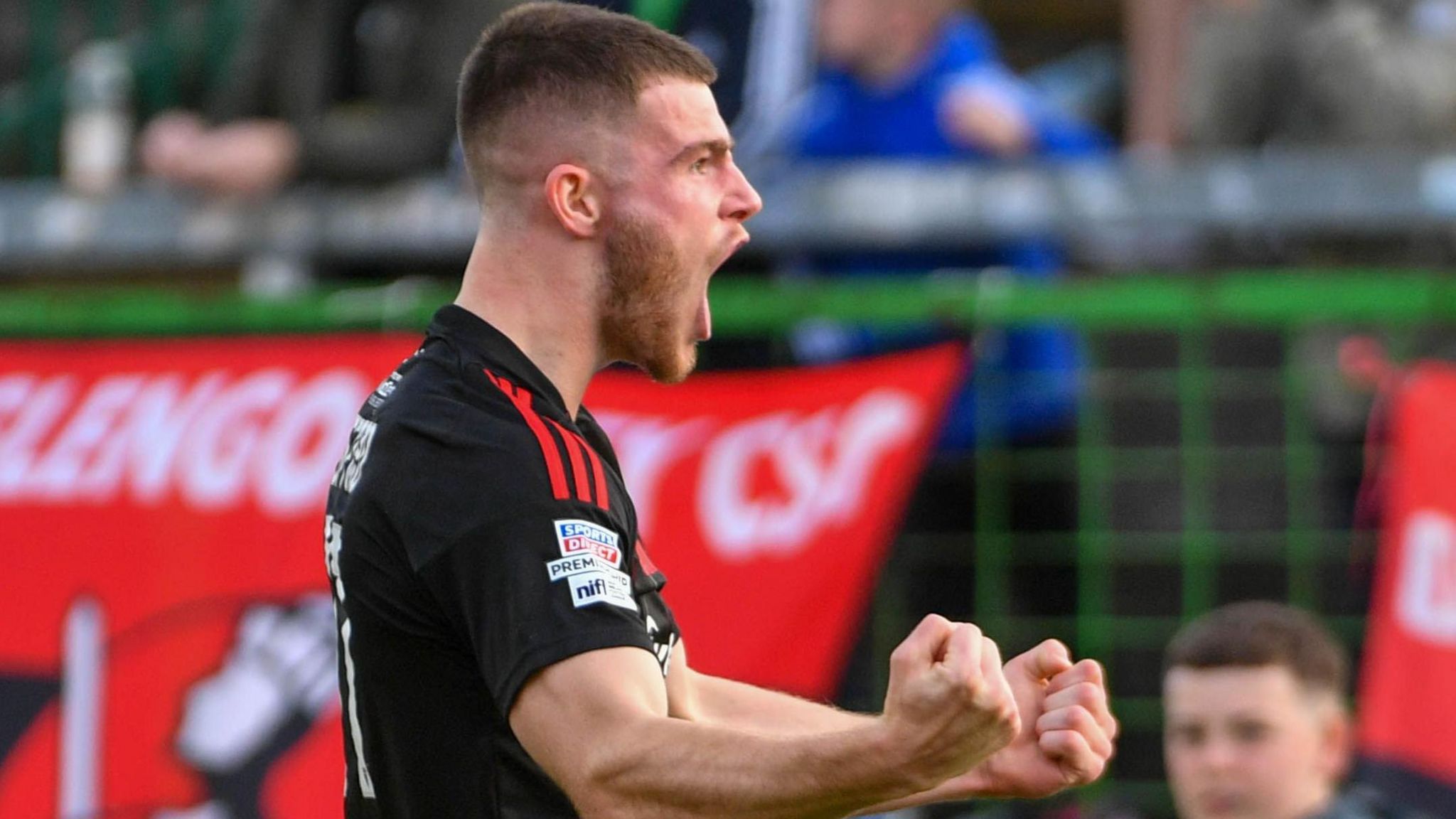 Kieran Offord celebrates his first-half Crusaders goal at The Oval