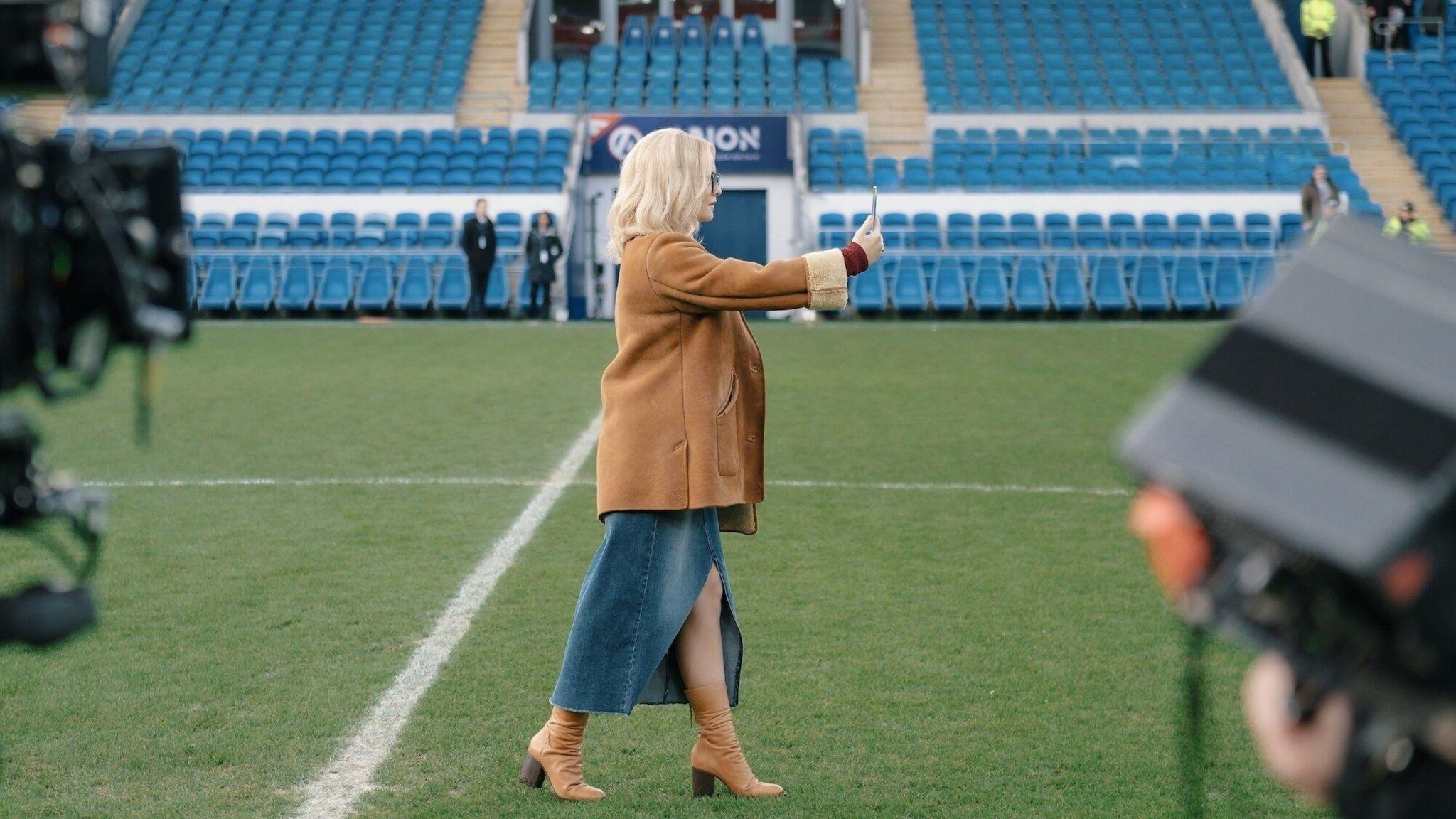 Ruby heads onto the pitch at Cardiff City Stadium.