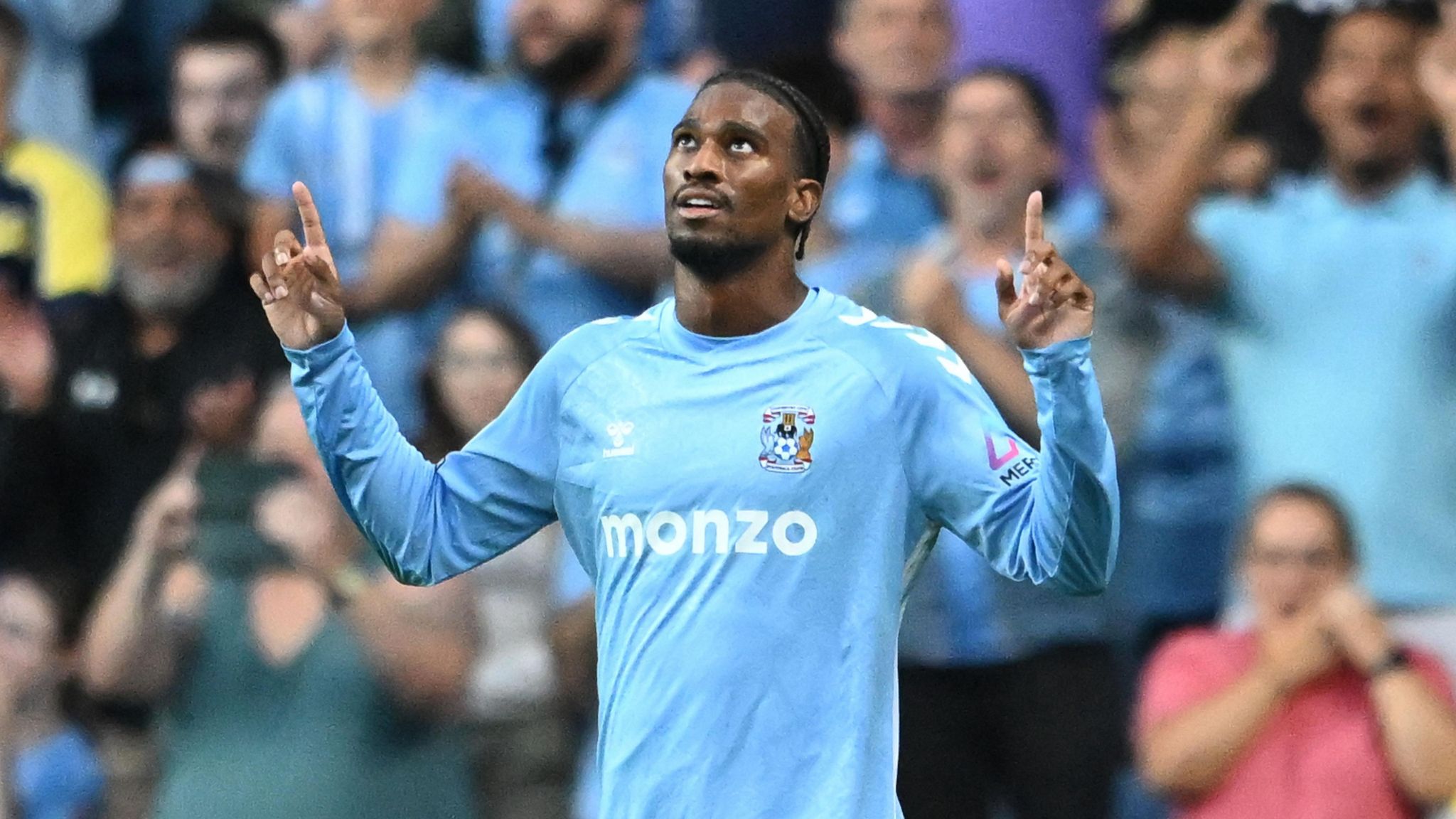 Haji Wright celebrates the first of his two Coventry goals