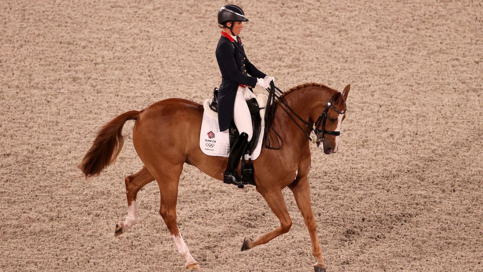Charlotte Dujardin and her horse Gio competing in the dressage at the Tokyo 2020 Olympics