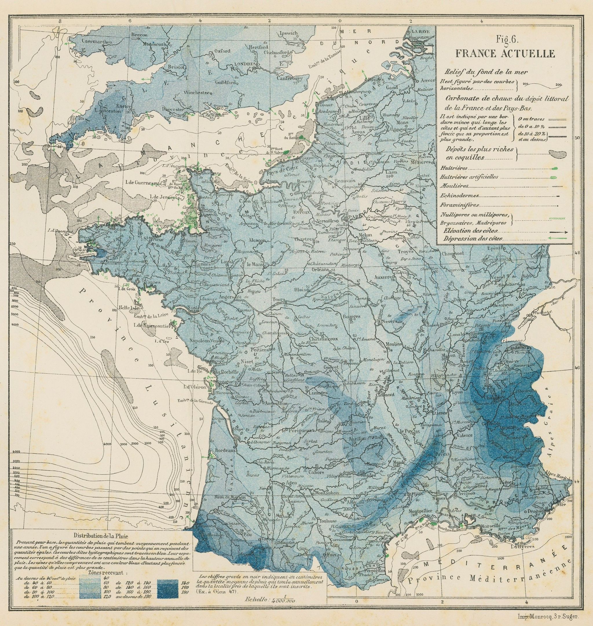 The French map from 1871 shows France and southern England and Wales in shades of blue. The seas are graded with lines showing the depth of the water.