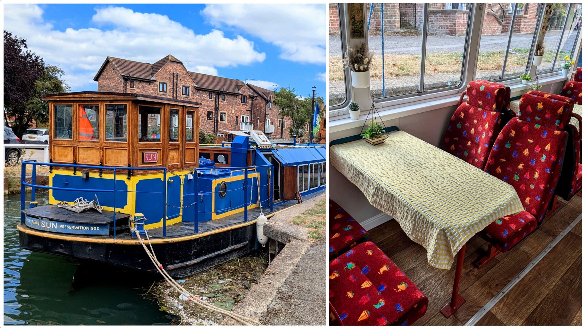 Two images, the first shows a blue and yellow barge with a wooden wheelhouse. It is moored on Beverley Beck with a blue sky and houses behind it. The second is the inside of the barge showing some red patterned chairs and tables with a yellow tablecloths and artificial green plants in pots on them.