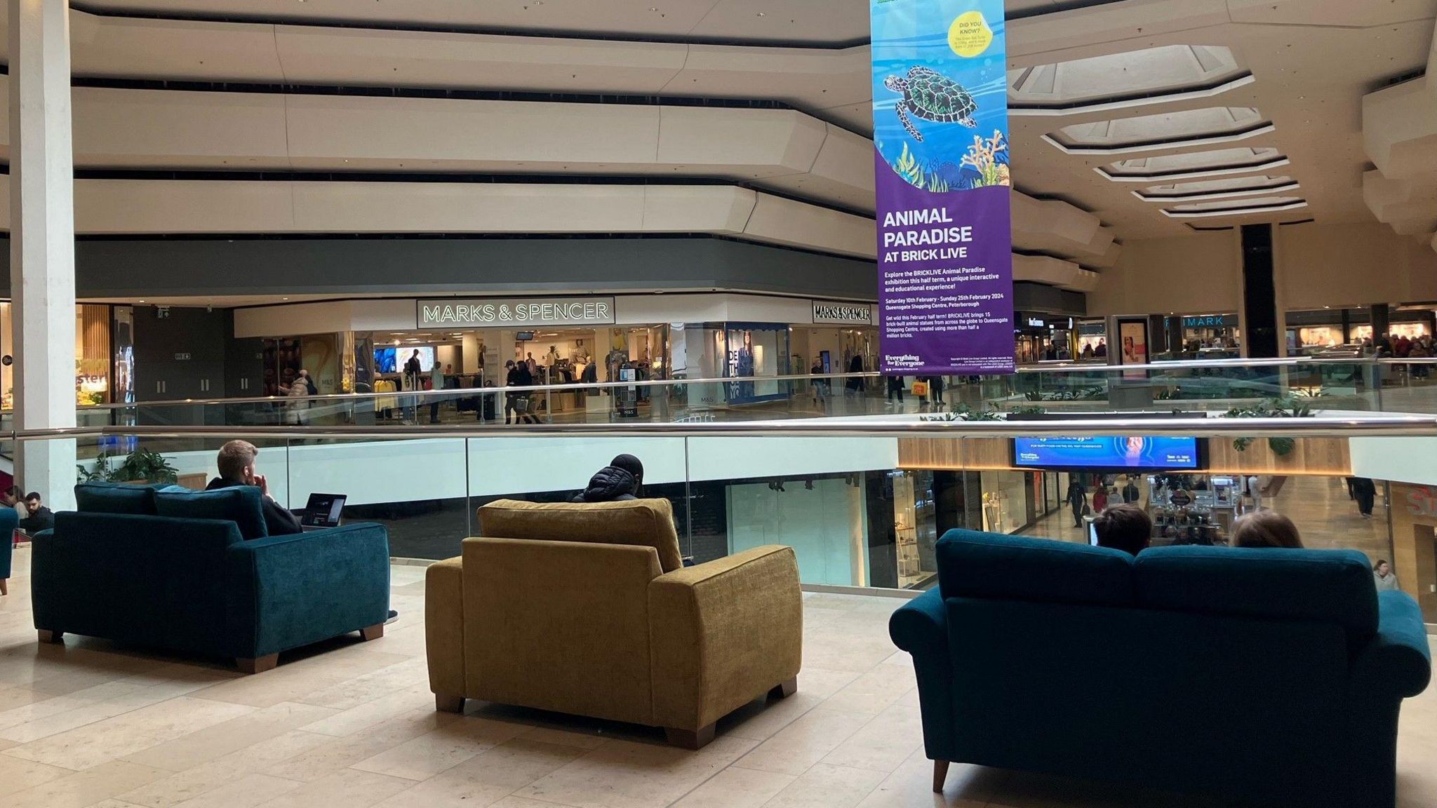 Queensgate shopping centre first floor with colourful sofas