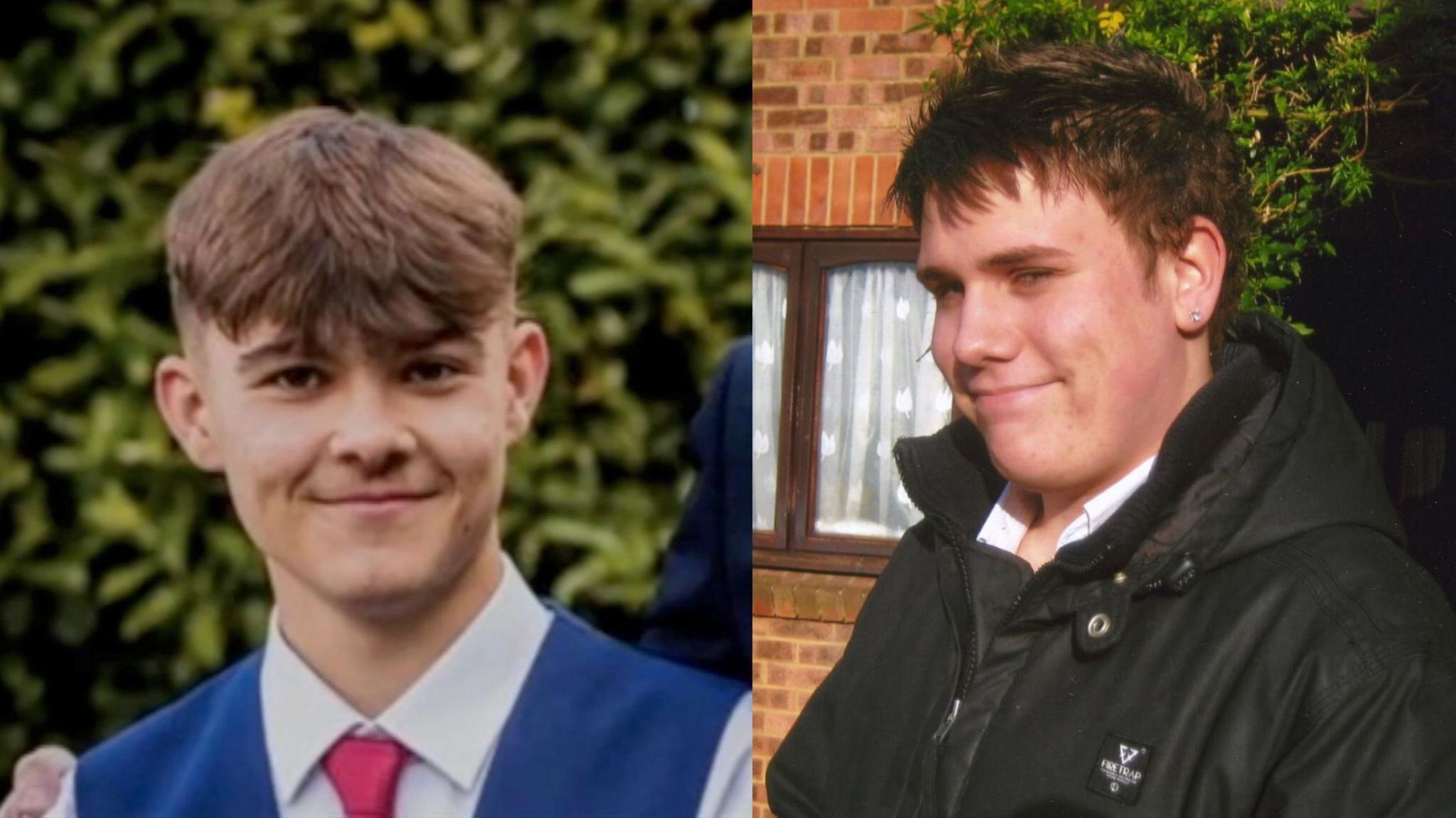 Charlie Cosser is wearing a shirt with a red tie, and a blue waistcoat. Robert is wearing a black coat. Both teenagers are smiling at the camera