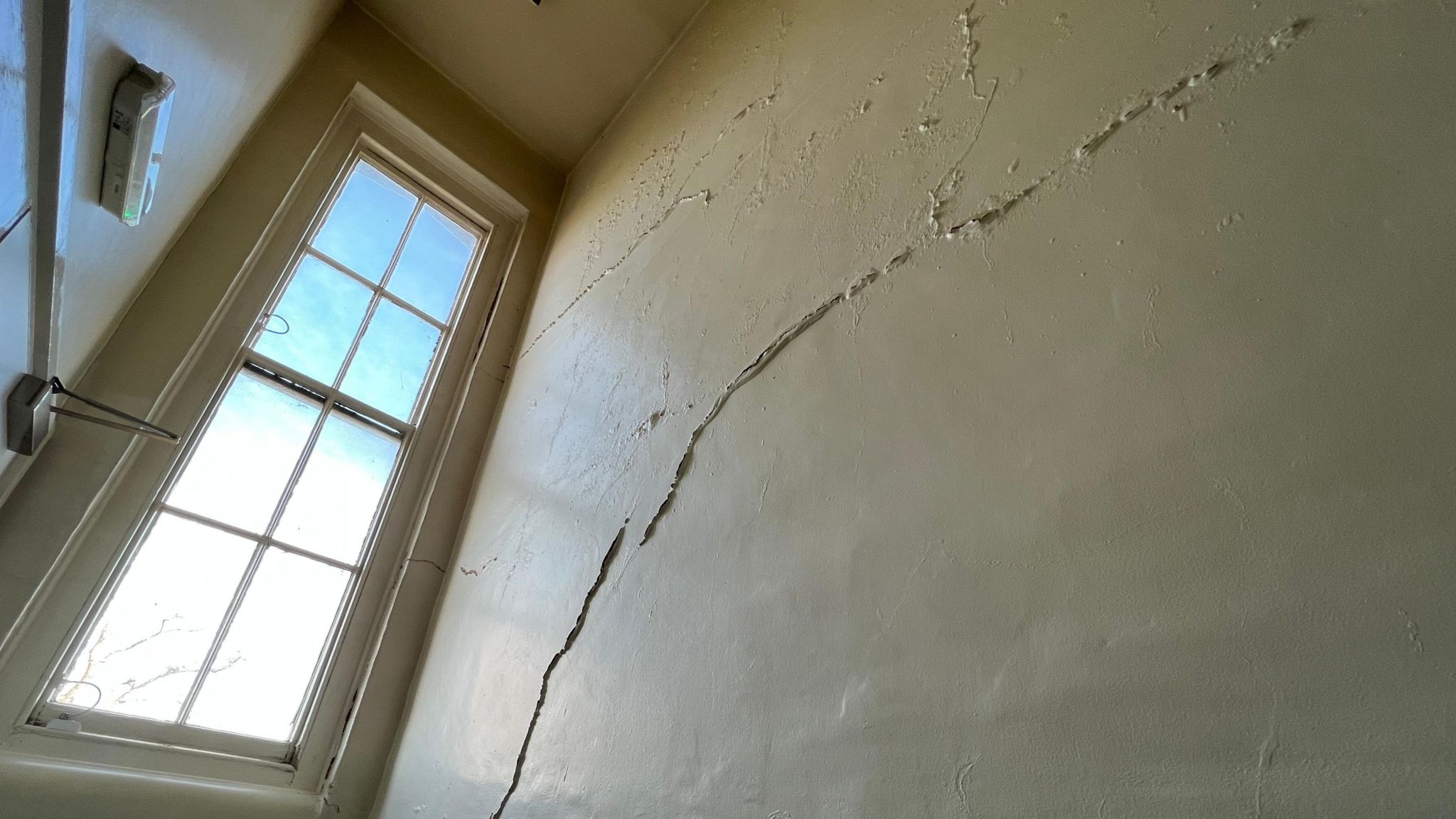 Cracks in a wall at St Peter's Hospital, Maldon