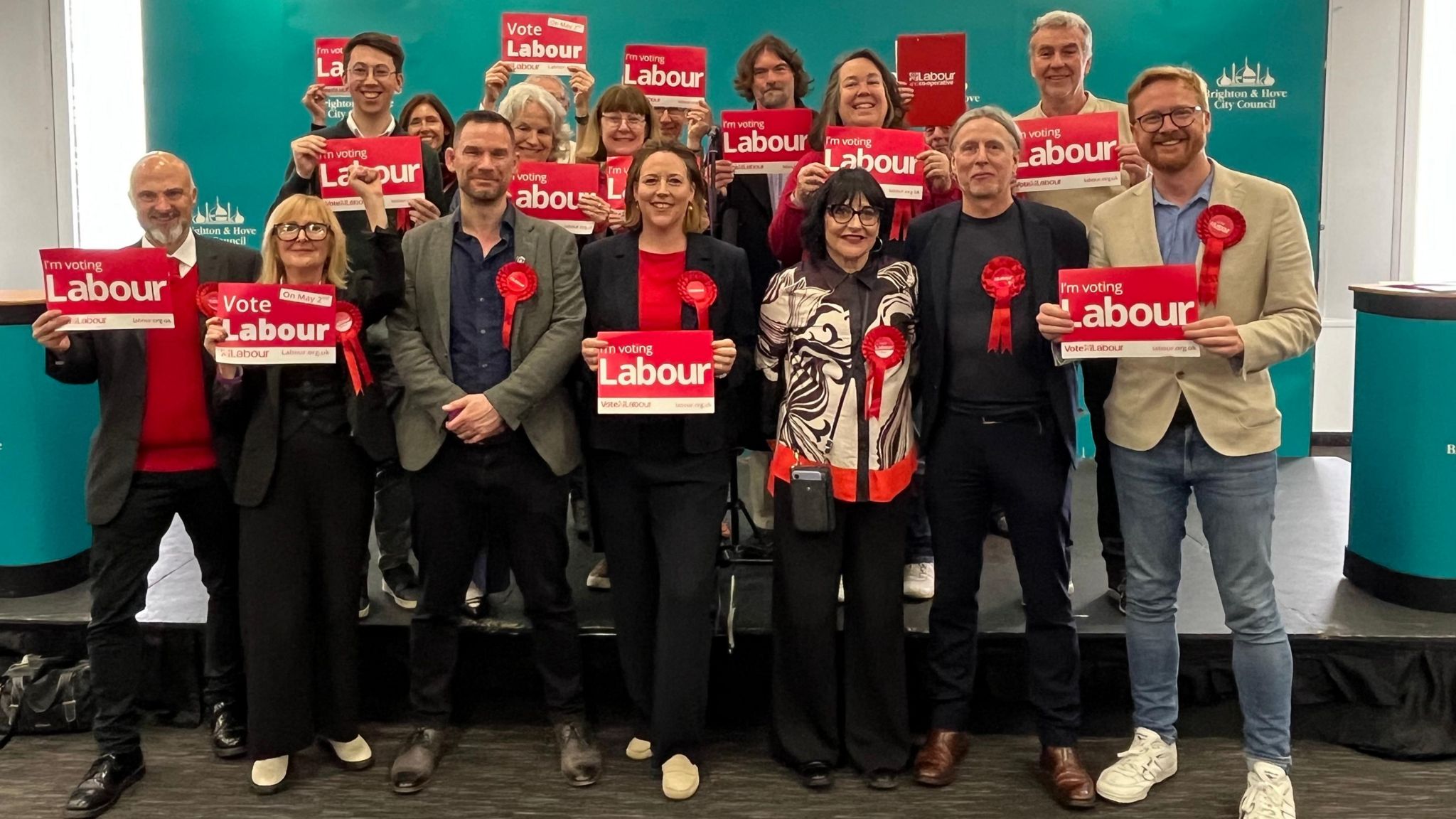 Labour Party members with the two new councillors, Milla Gauge and Theresa Mackay, in the front of the middle row