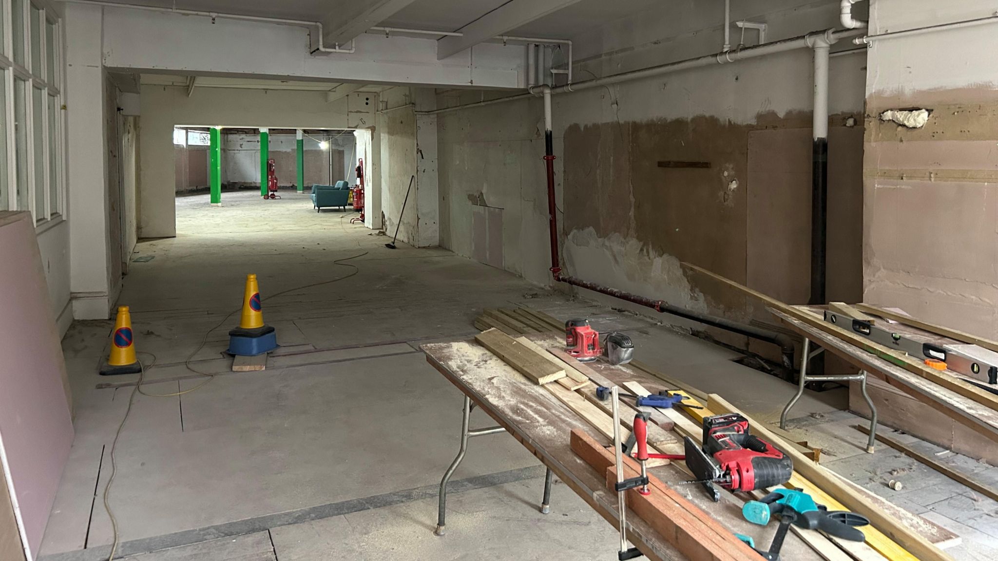 Cardboard, cones and a workshop table on the first floor of the former House of Fraser building in Cirencester