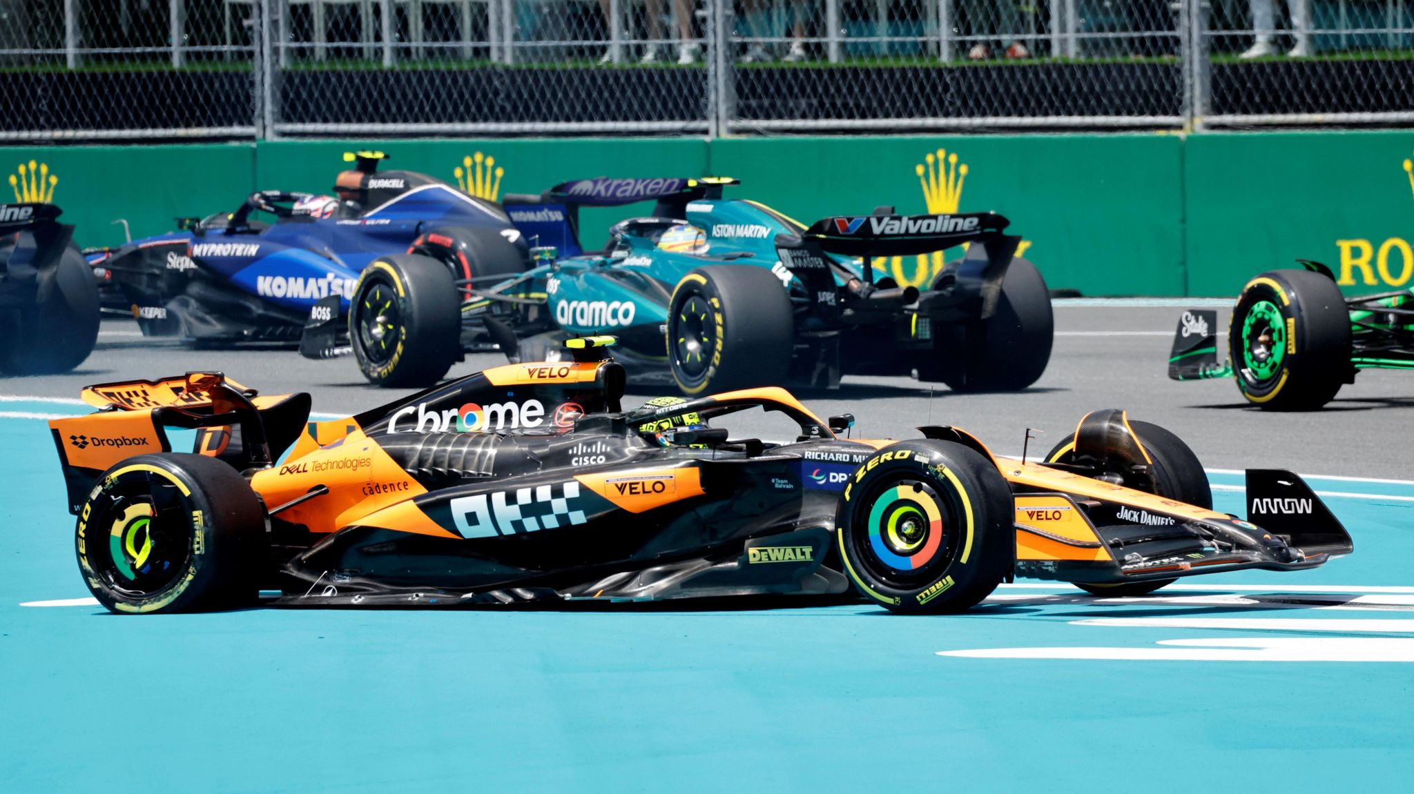 Lando Norris' McLaren spins out at the first corner of the Miami Grand Prix sprint race