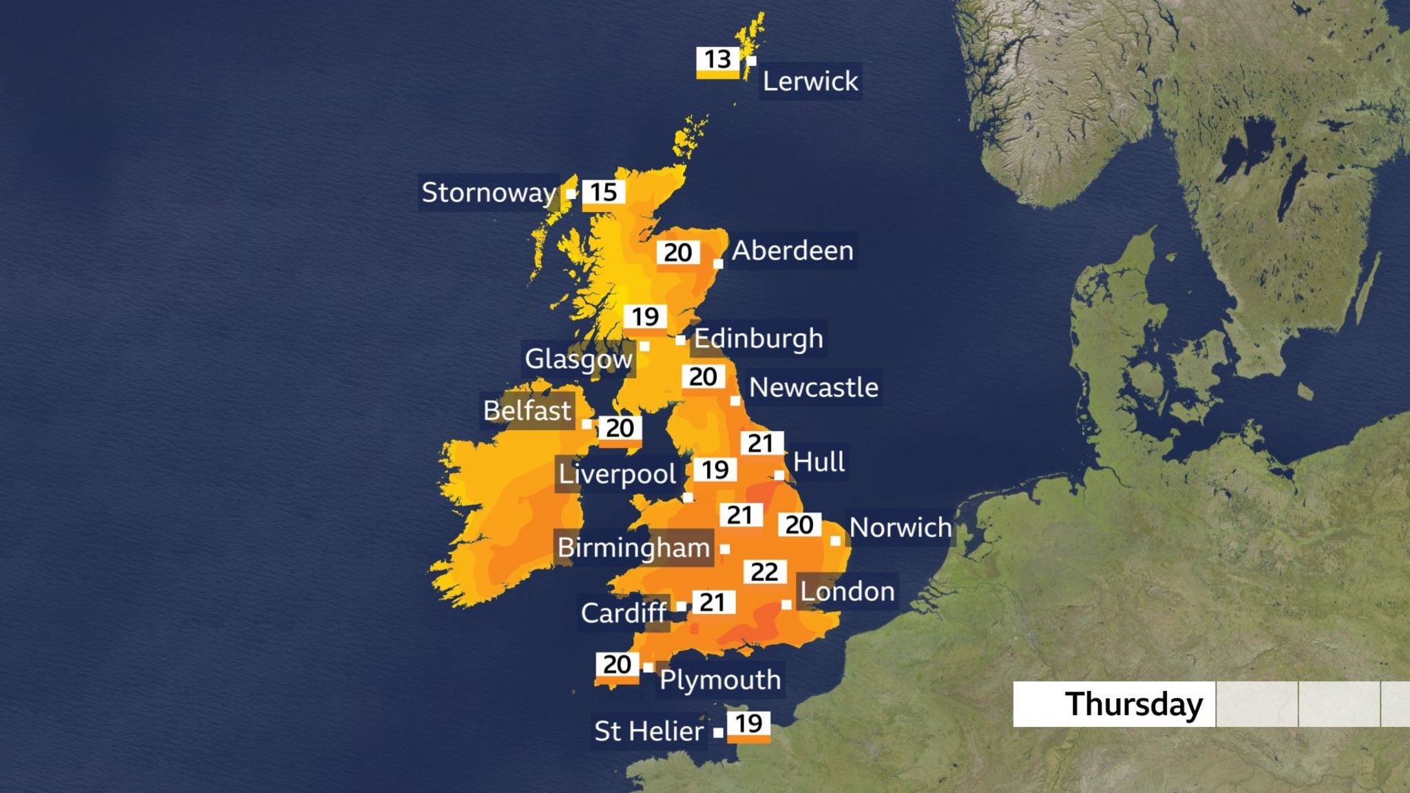 UK temperature map for Thursday. Most major cities showing between 19 and 22 Celsius, though Lerwick is 13 and Stornoway is 15 Celsius