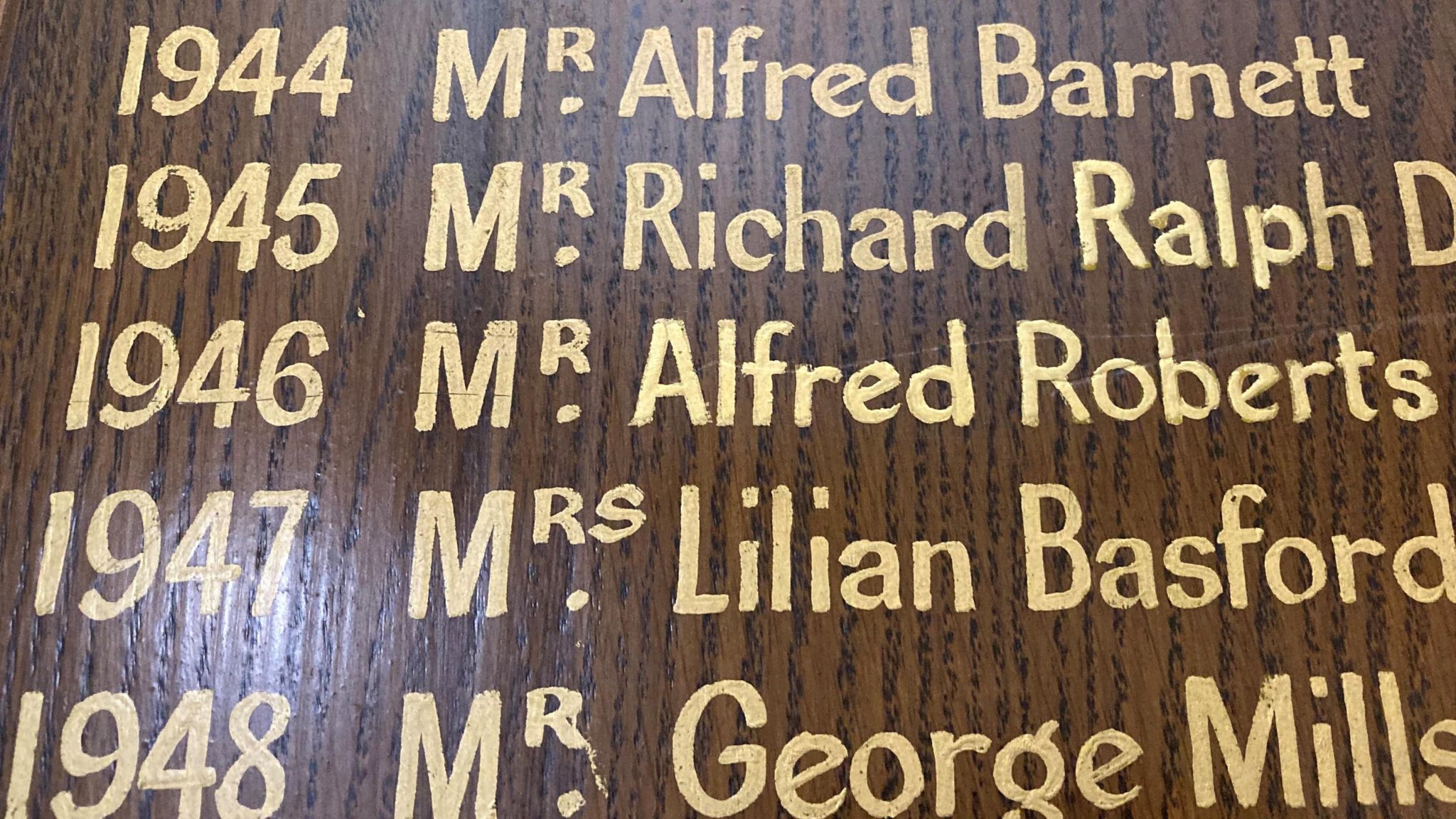 A plaque inside Grantham's Guildhall Arts Centre showing the names of previous town Mayors including that of Alfred Roberts, father to Margaret Thatcher