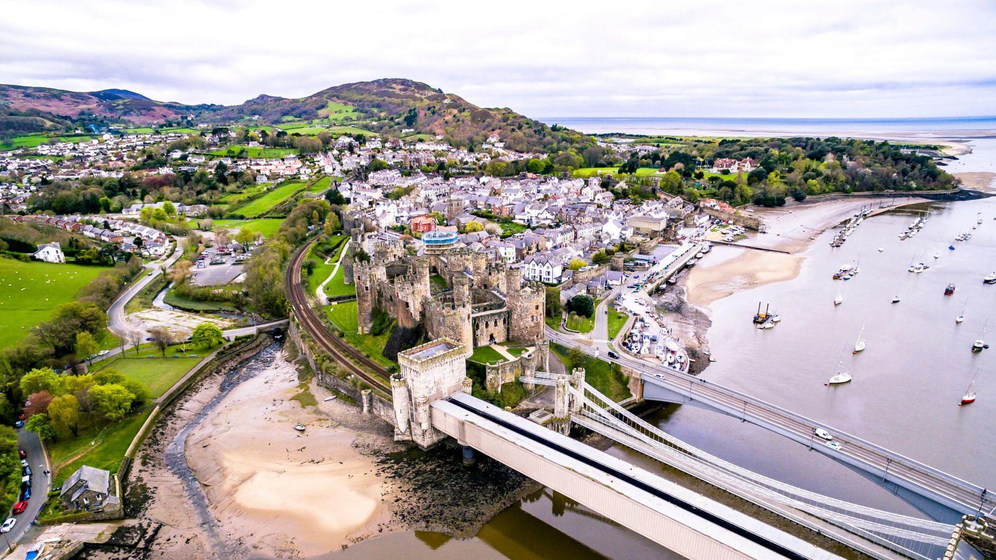 Aerial view of Conwy, including the castle. 