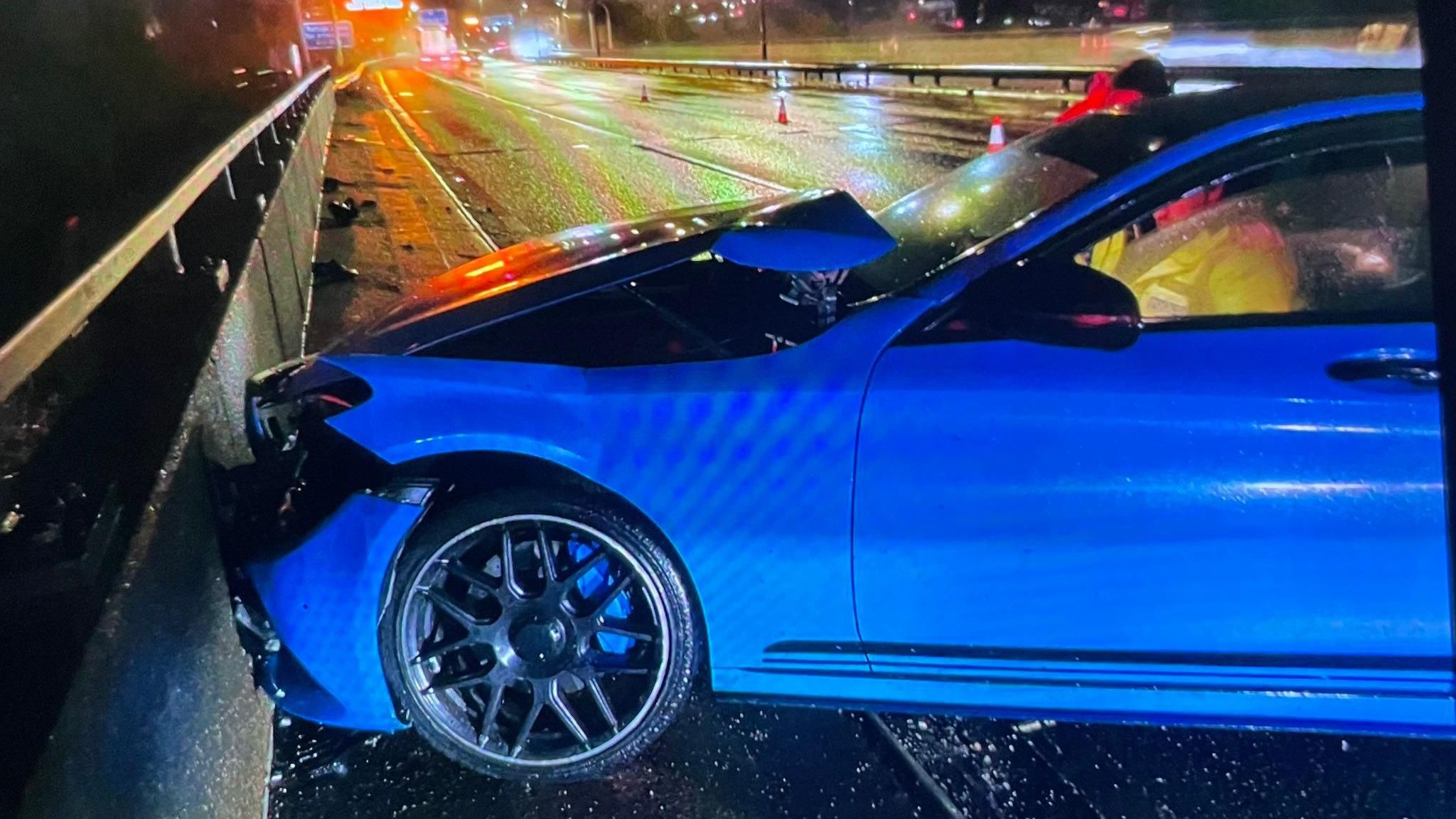 A car that crashed after driving too fast on the M6