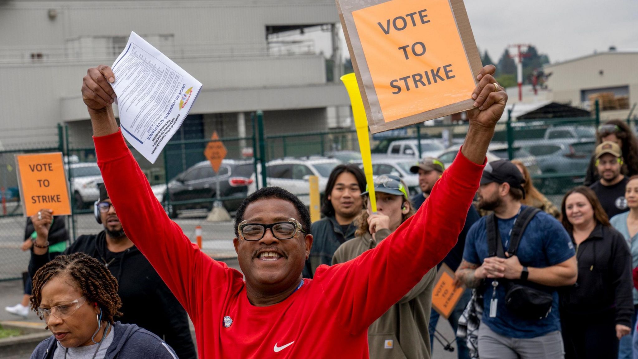 Workers walk out of Boeing Co. manufacturing facility ahead of vote on union contract.