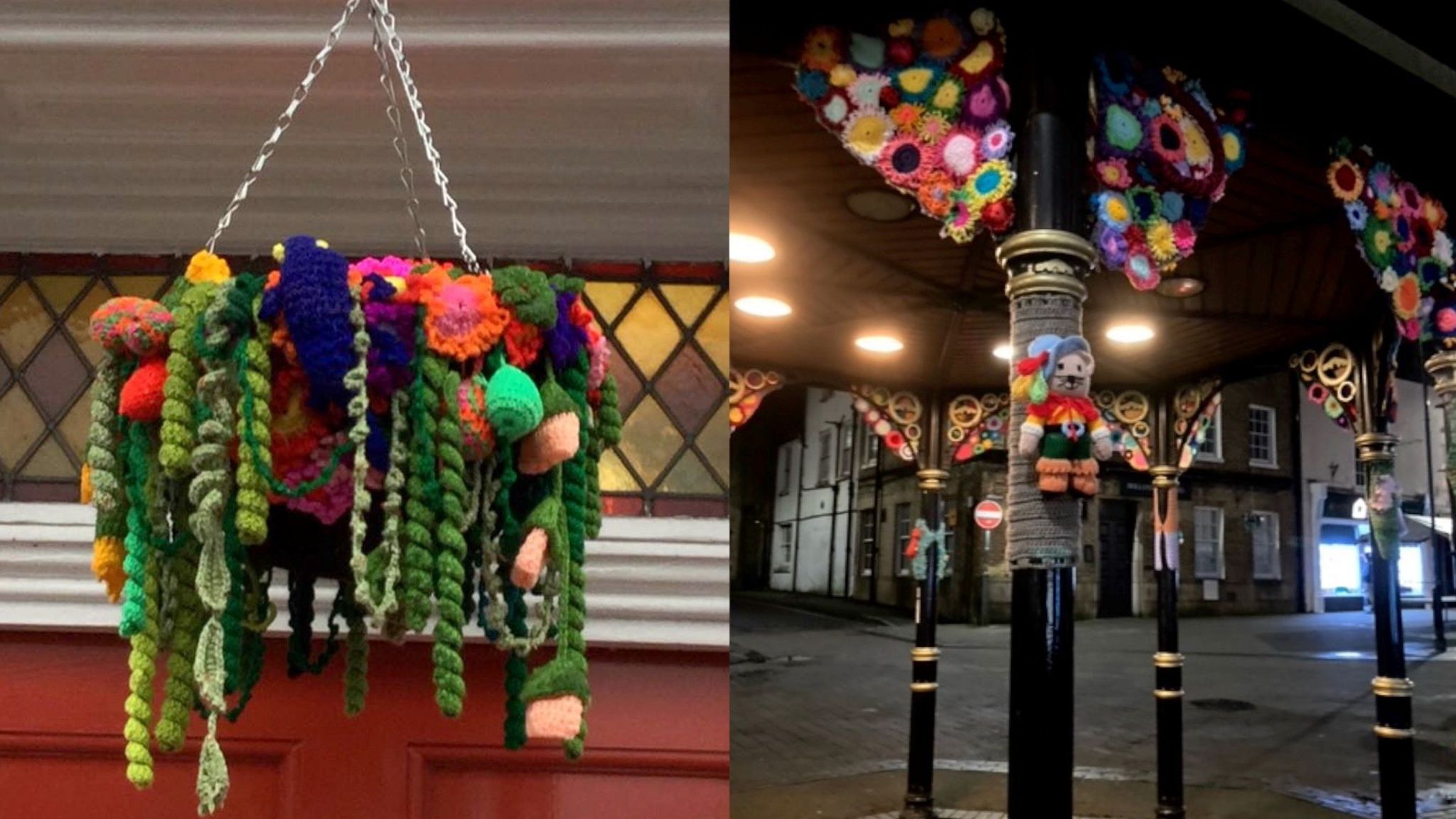 Crocheted flower hanging basket and bandstand.