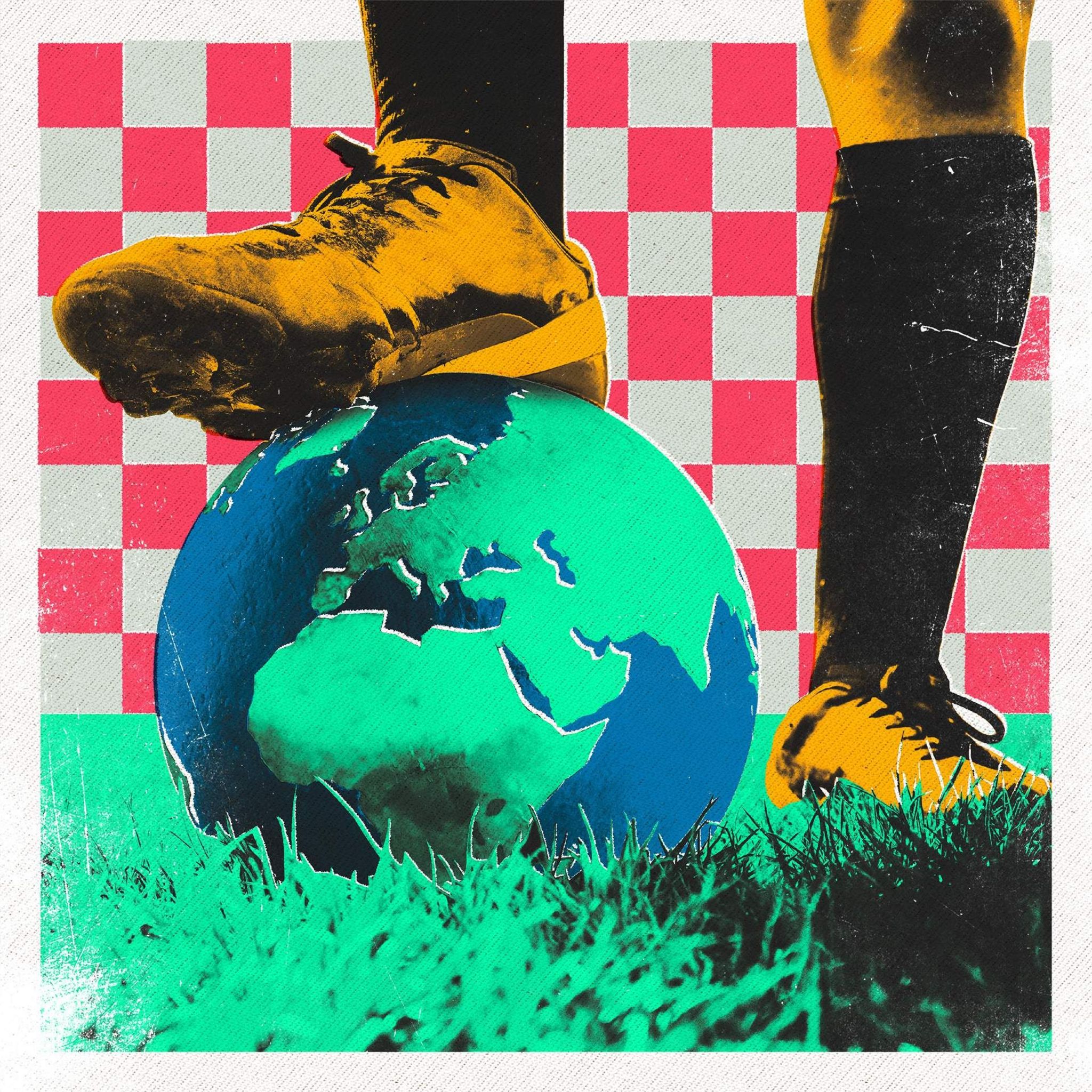 Graphic image showing football boot on ball represented as the planet