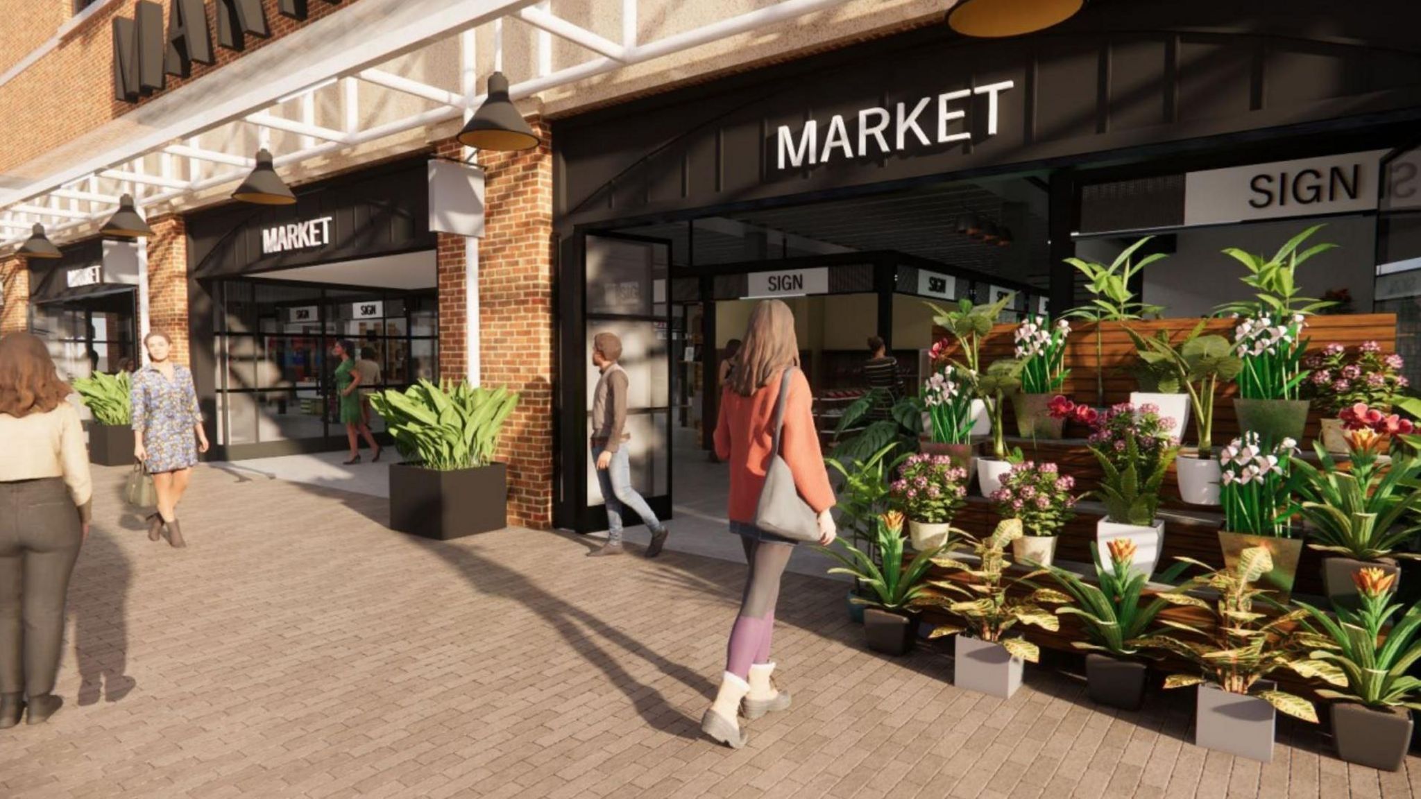 Artist's impression of how Birkenhead Market could look. Shoppers are outside the market entrance - a flower shop in the sunshine. 