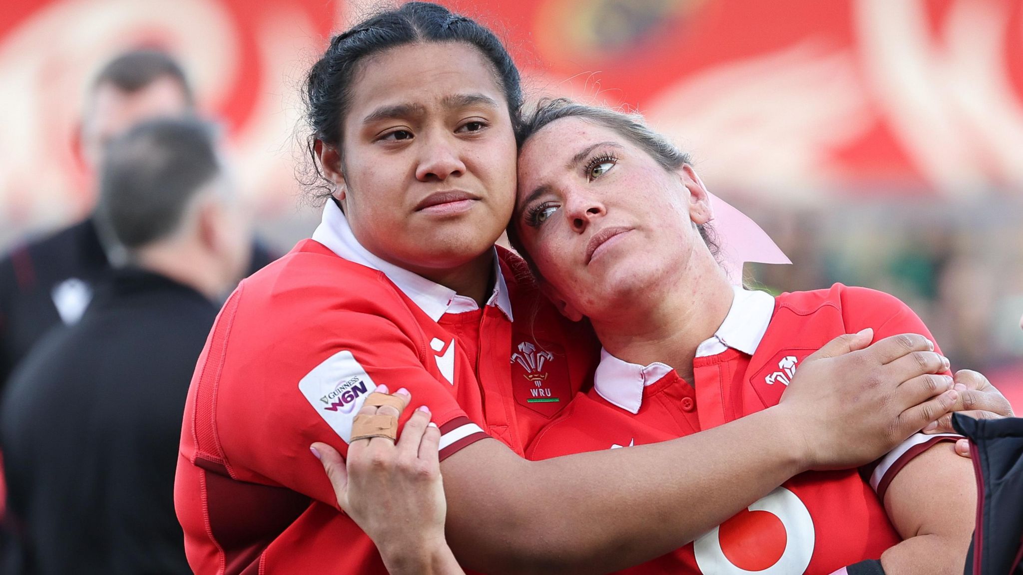 Sisilia Tuipulotu and Georgia Evans console each other in Cork