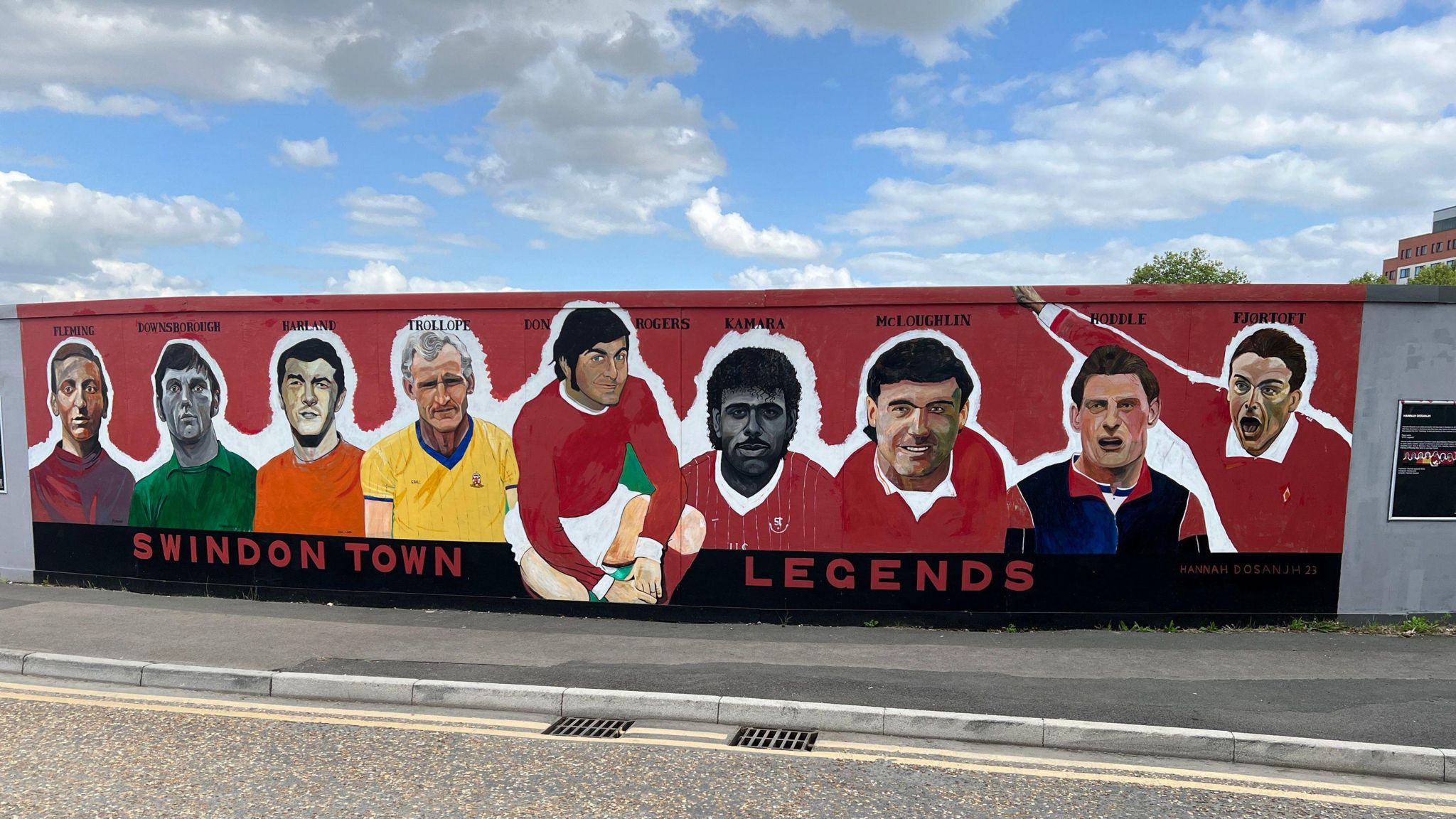 Mural of Swindon Town football legends, including Don Rogers, Jan Åge Fjørtoft and Stan Harland.