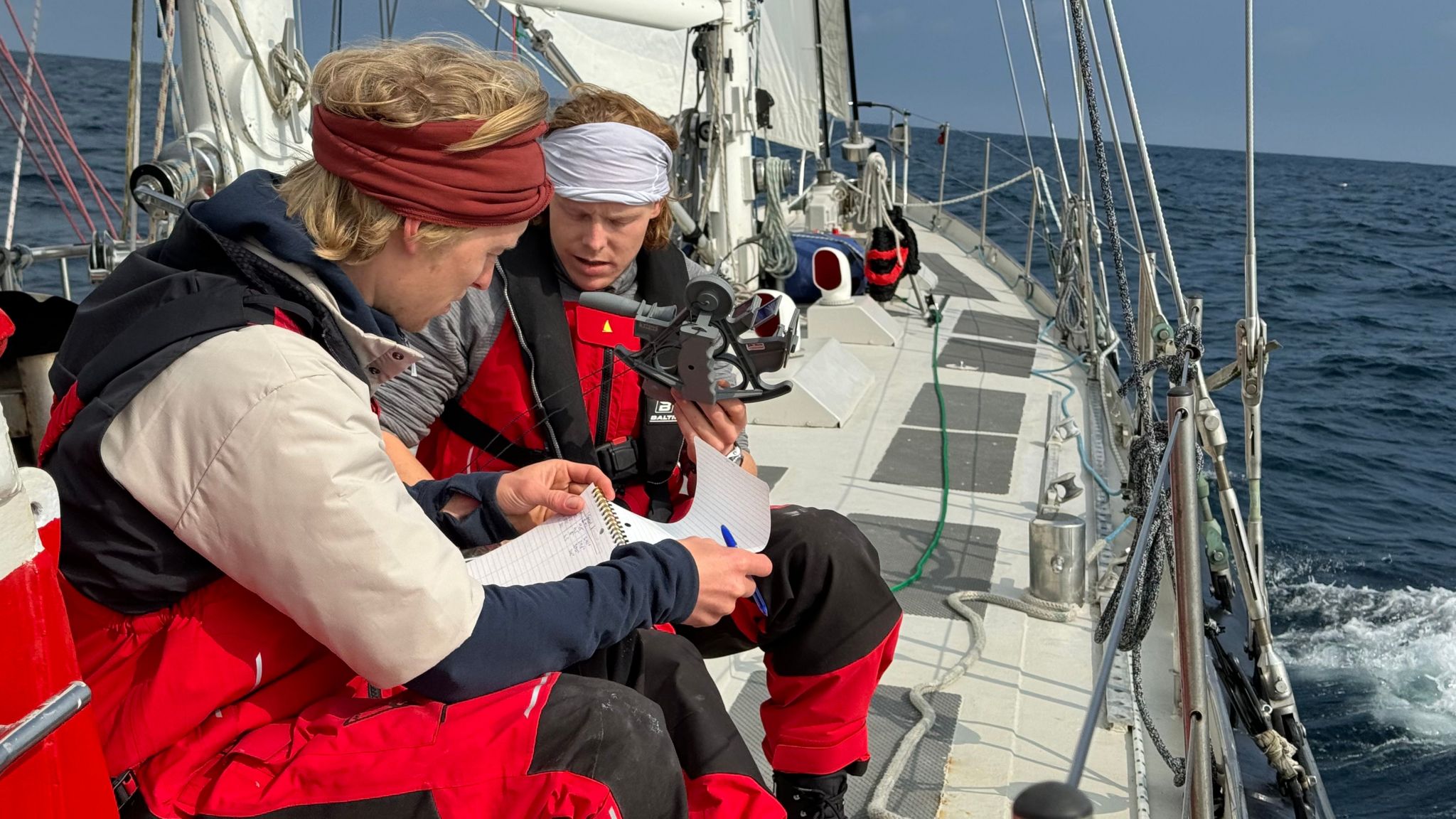 Isak (right) and Alex Rockström (left) use a sextant to plot their position as they head towards southern Iceland.