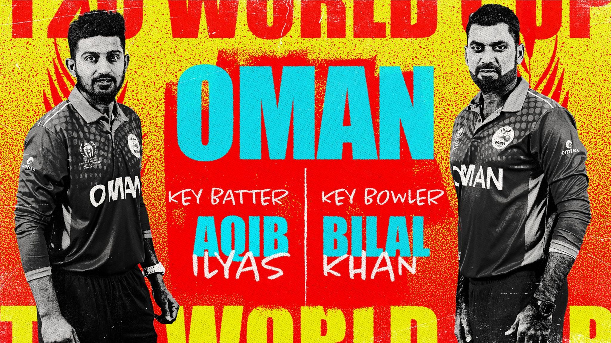 A graphic showing Aqib Ilyas and Bilal Khan as Oman's key batter and bowler at the Men's T20 World Cup