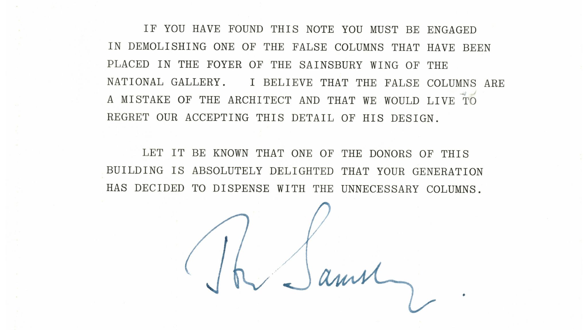 Lord Sainsbury's letter, courtesy of the National Gallery and with permission of the Sainsbury family