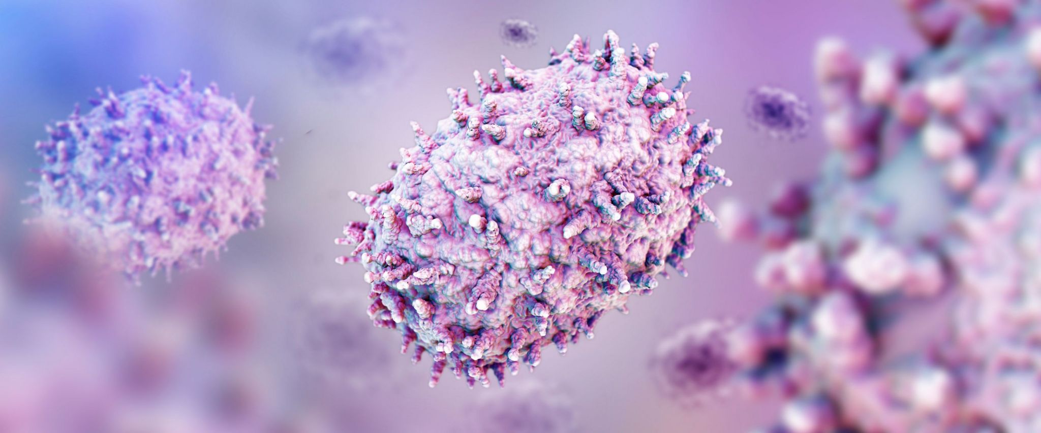 Computer-generated illustration of the virus particles on mpox - purple oval particles with spikes on surface 