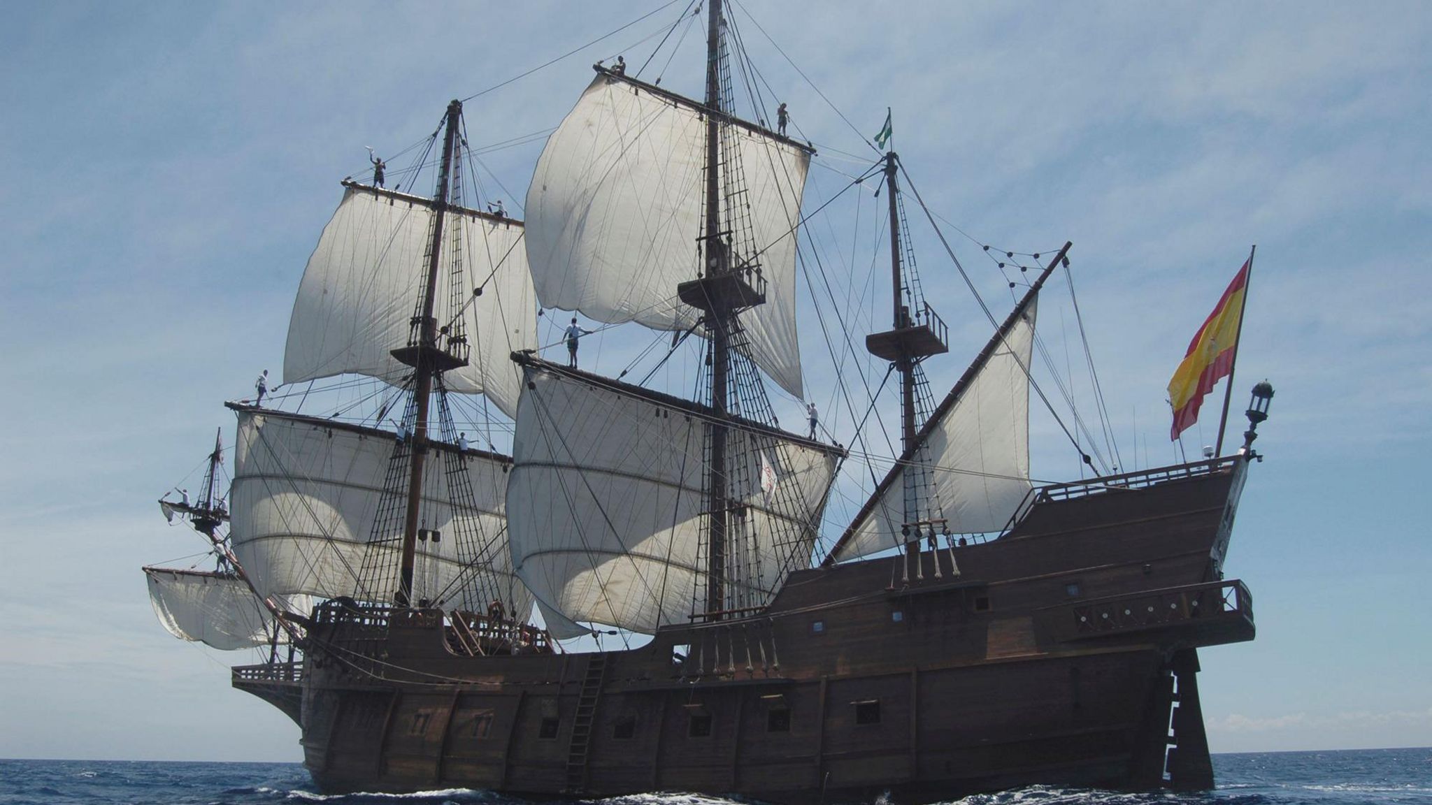 The Galeon Andalucia at sea in full sail.