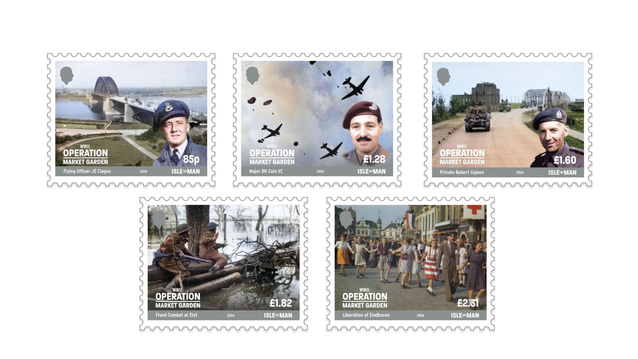 five colourised images on stamps depicting Operation Market Garden