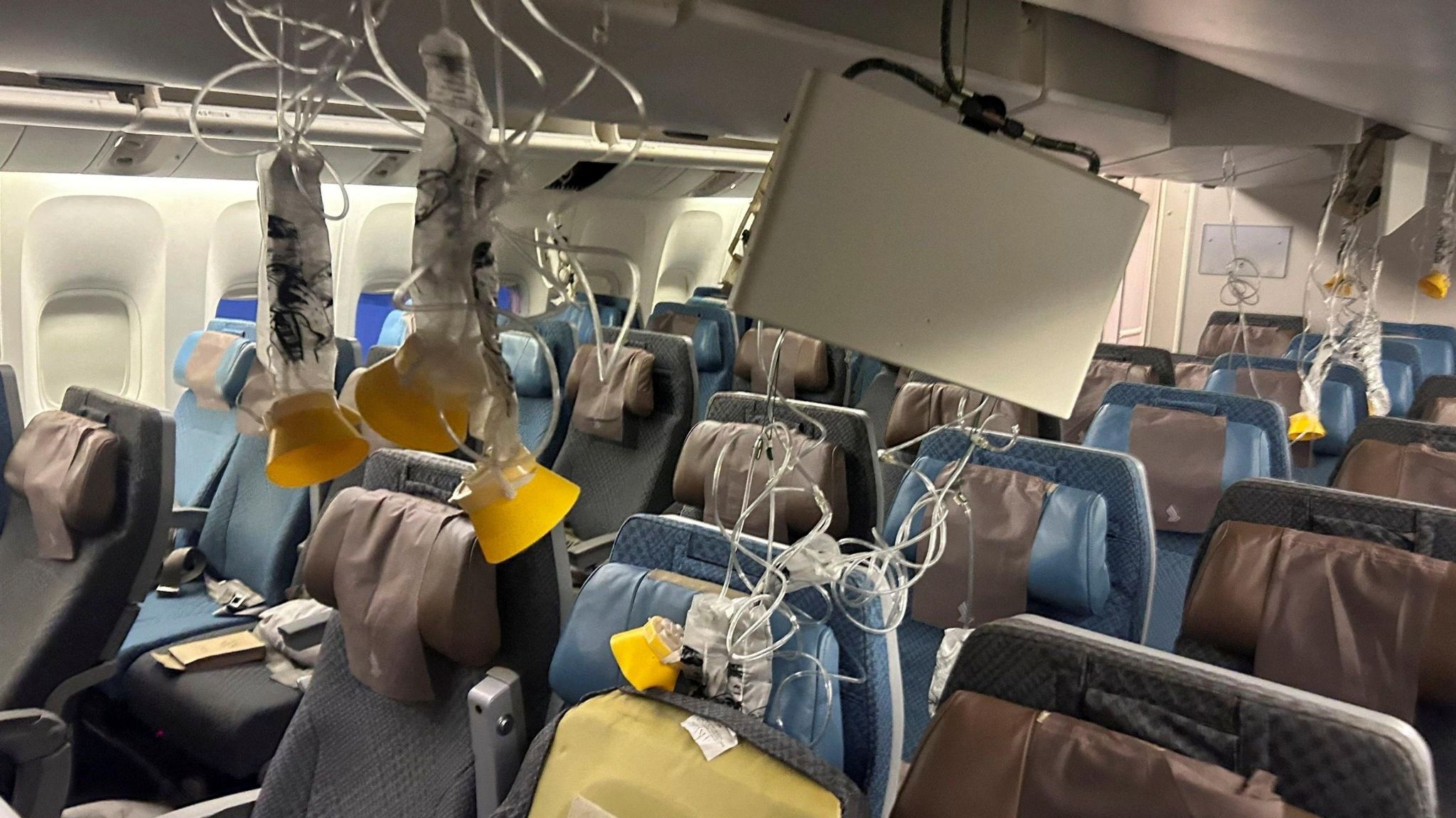 The interior of Singapore Airline flight SG321 is pictured after an em