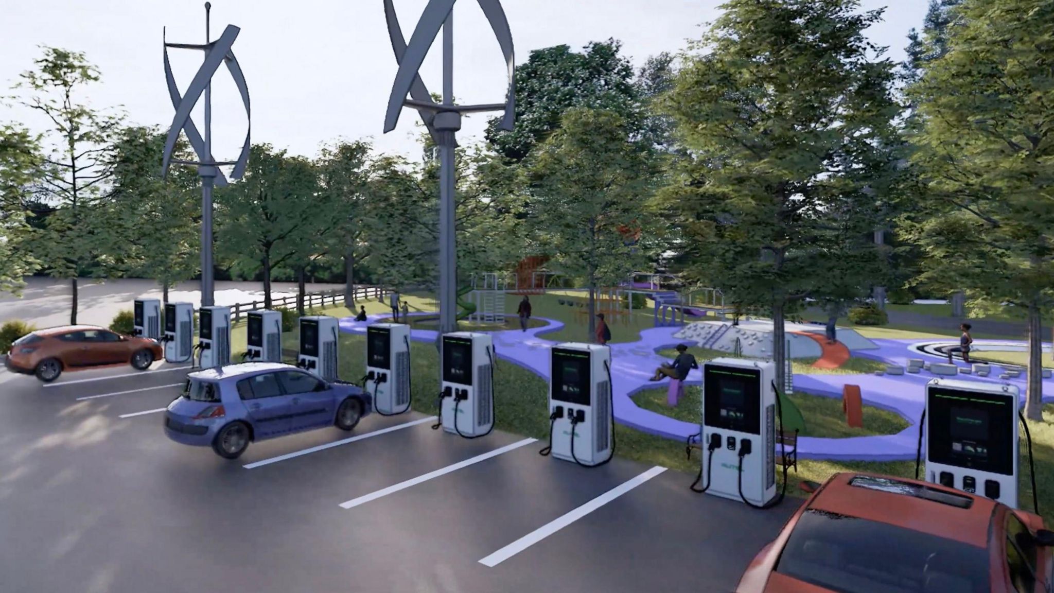 3D concept car park with electrical charging points and a play area 