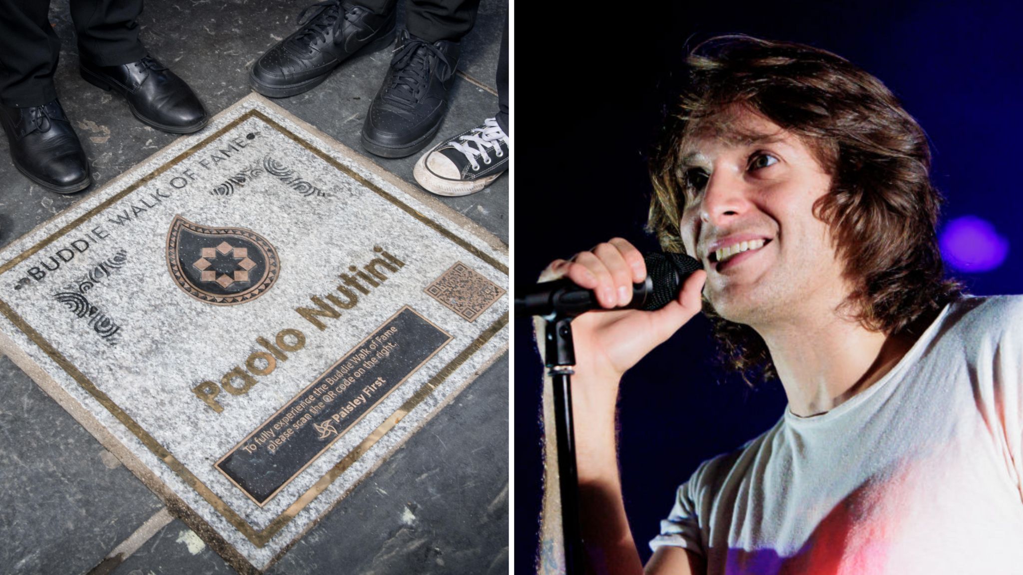White and golden marble plaque on the ground with feet standing around beside Paolo Nutini singing