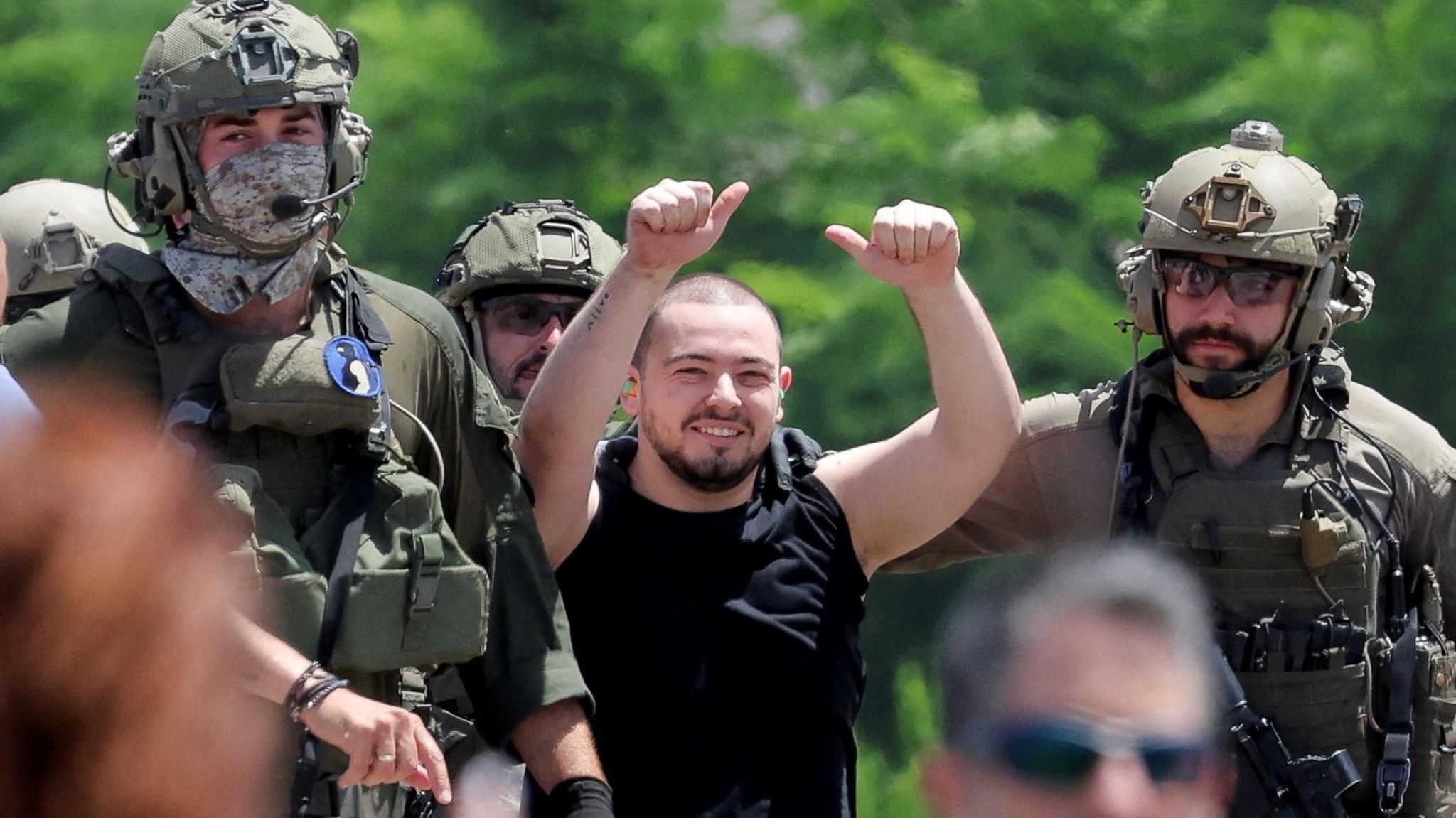 Israeli hostage Almog Meir Jan gestures after being rescued by Israeli forces in an operation in central Gaza, in Ramat Gan, Israel (8 June 2024)