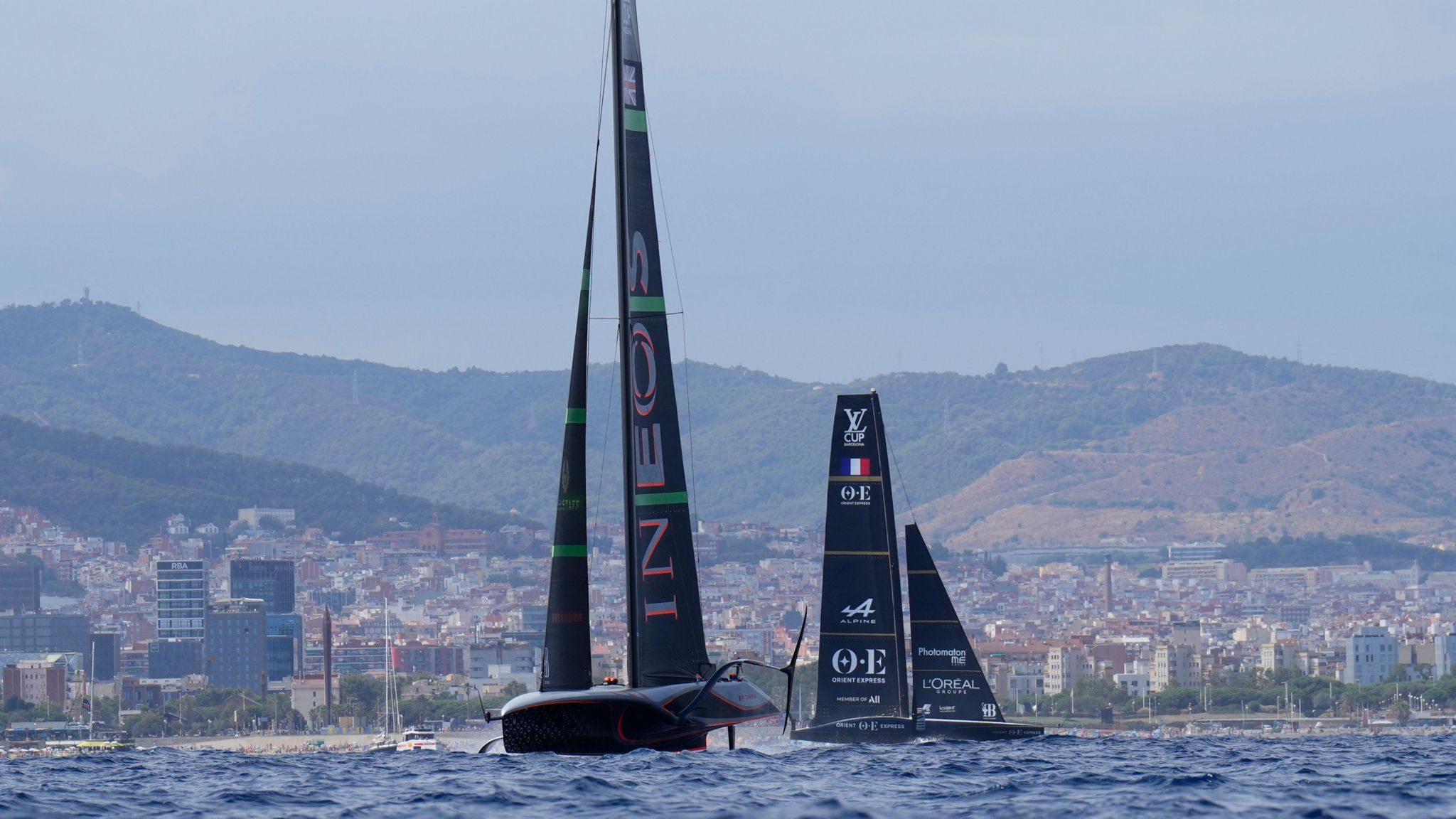 The French ship Orient Express and the British ship INEOS Britannia during the Louis Vuitton Preliminary Regatta of the 37 America's Cup held in Barcelona, Spain, 25 August 2024.