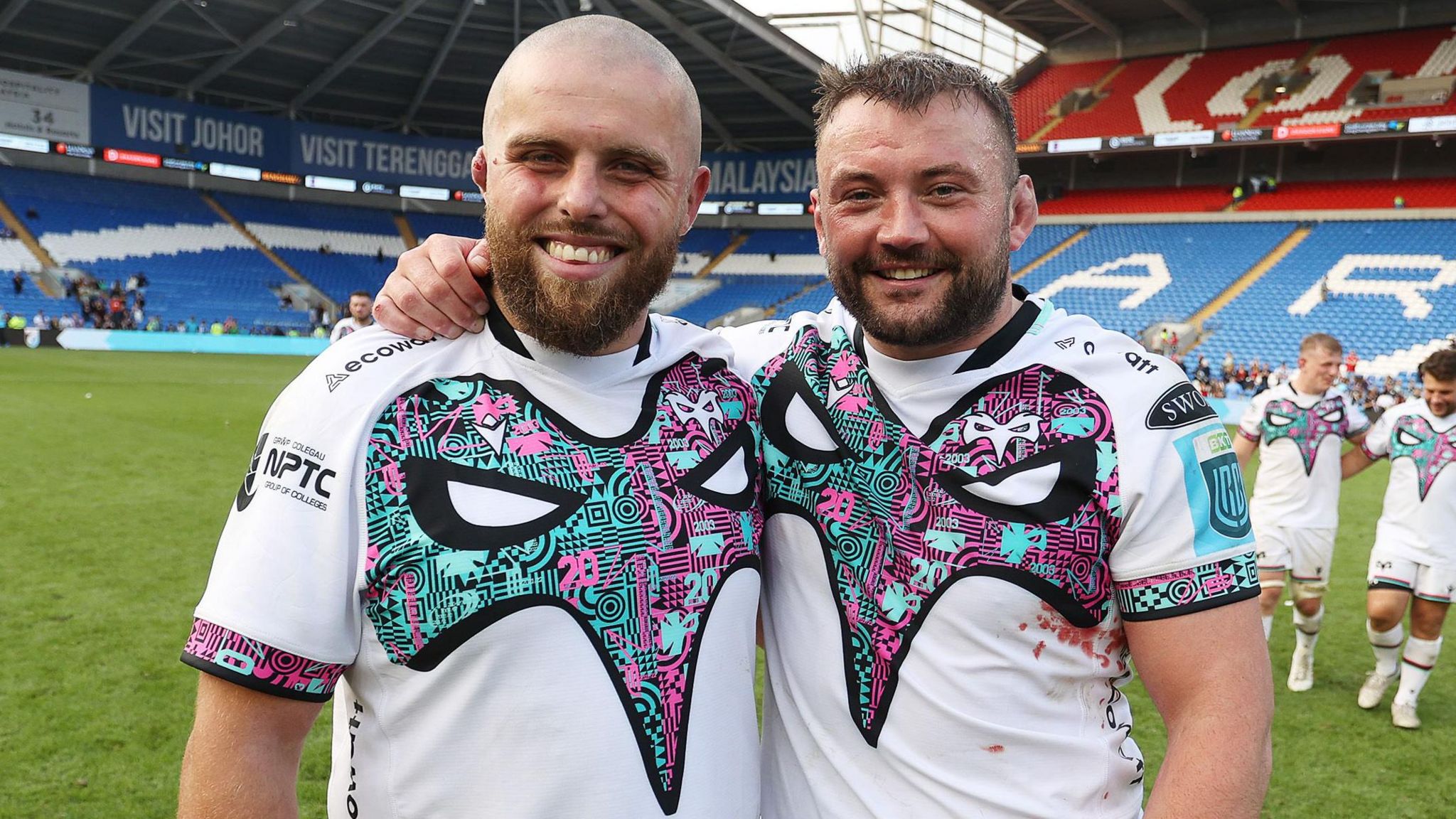 Nicky Smith and Sam Parry celebrate after Ospreys' Judgement Day win against Cardiff