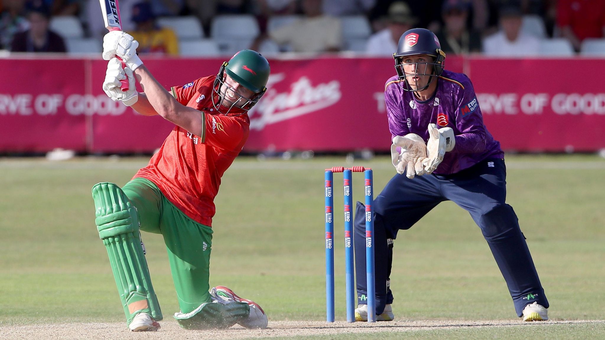 Leicestershire centurion Sol Budinger carves one of his 14 boundaries at Chelmsford