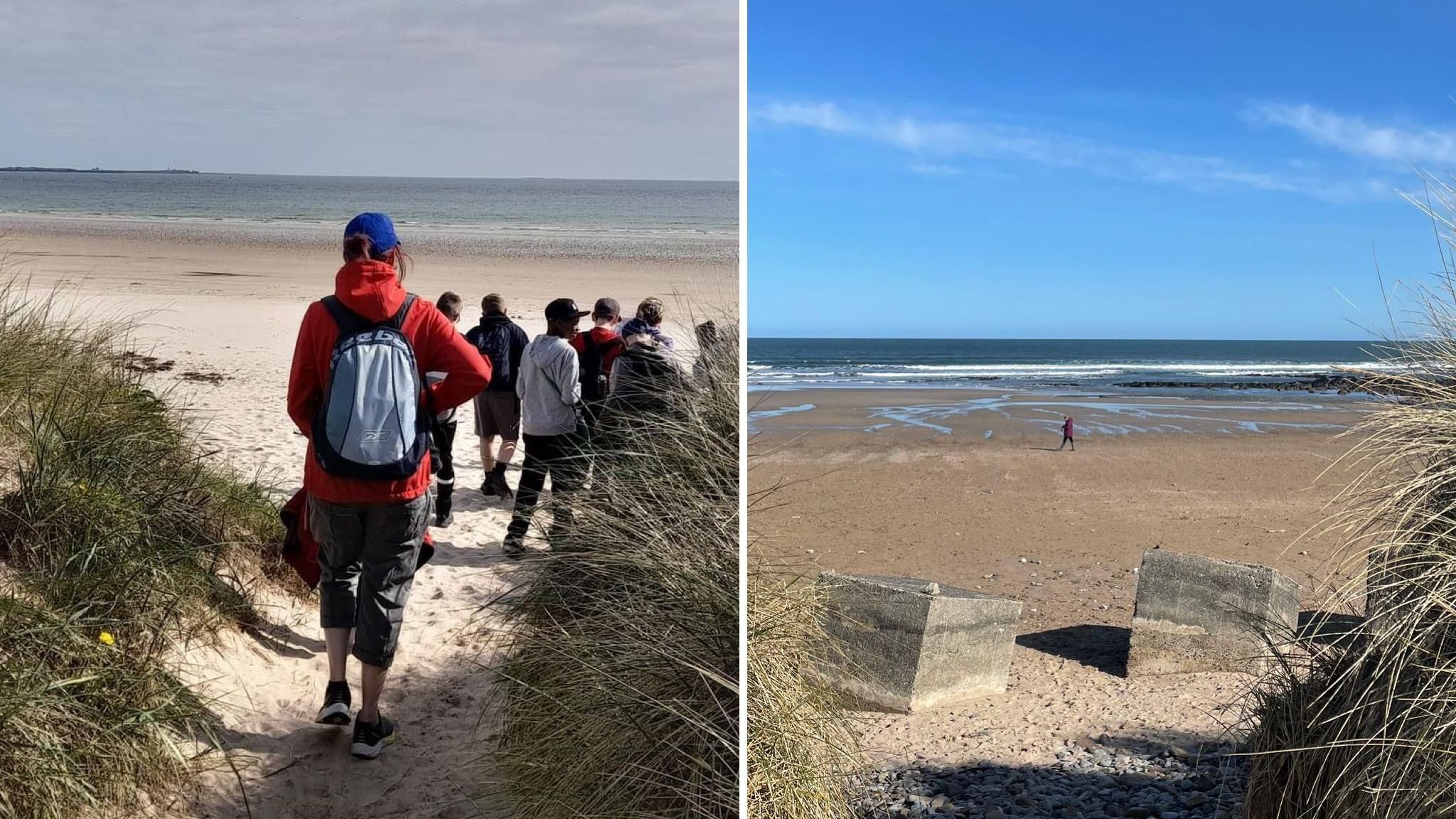 People walking onto the beach on one side- with a second picture on the other side showing tank traps 