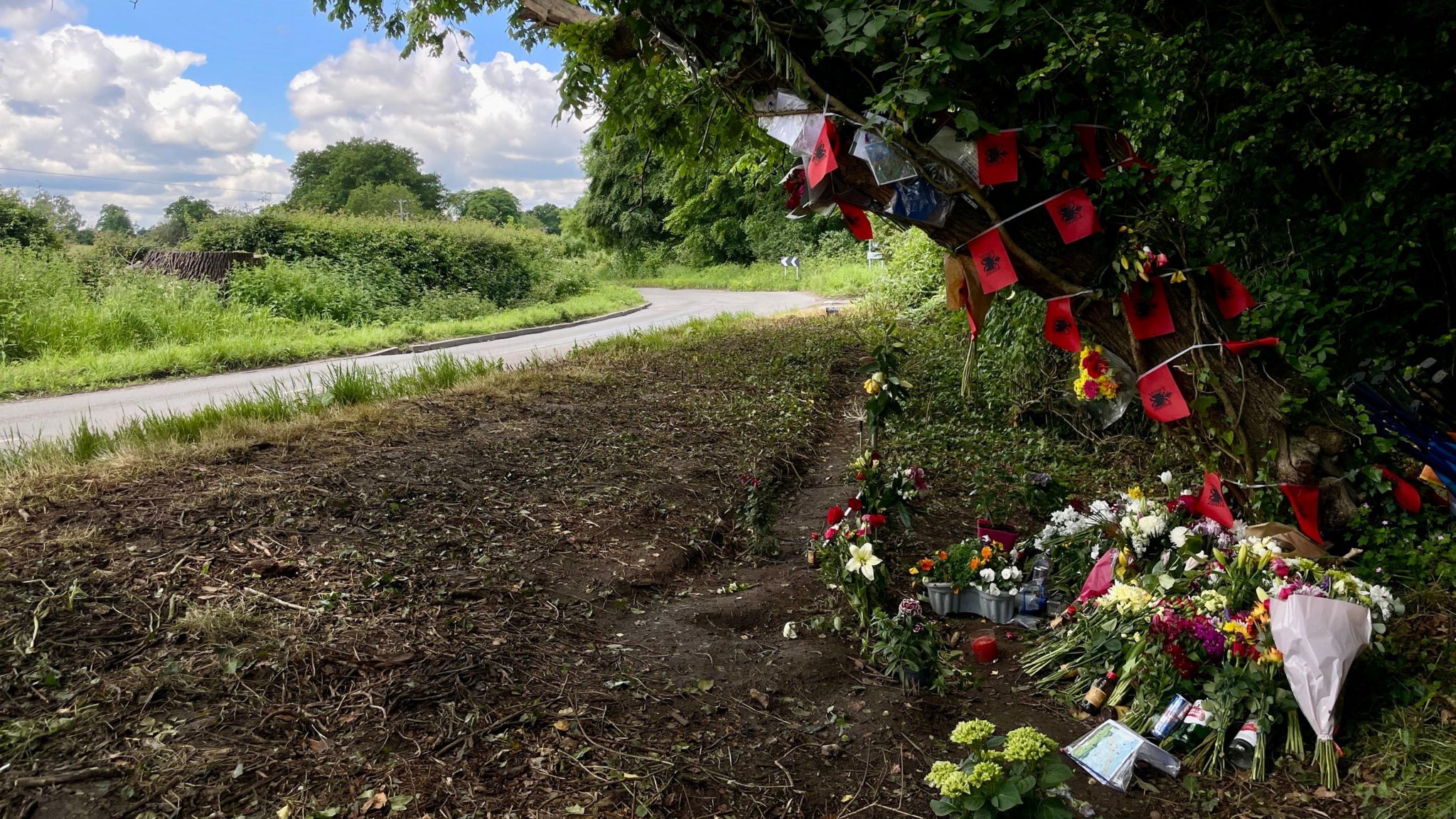 Multiple bunches of flowers laid at the base of a tree next to a country road