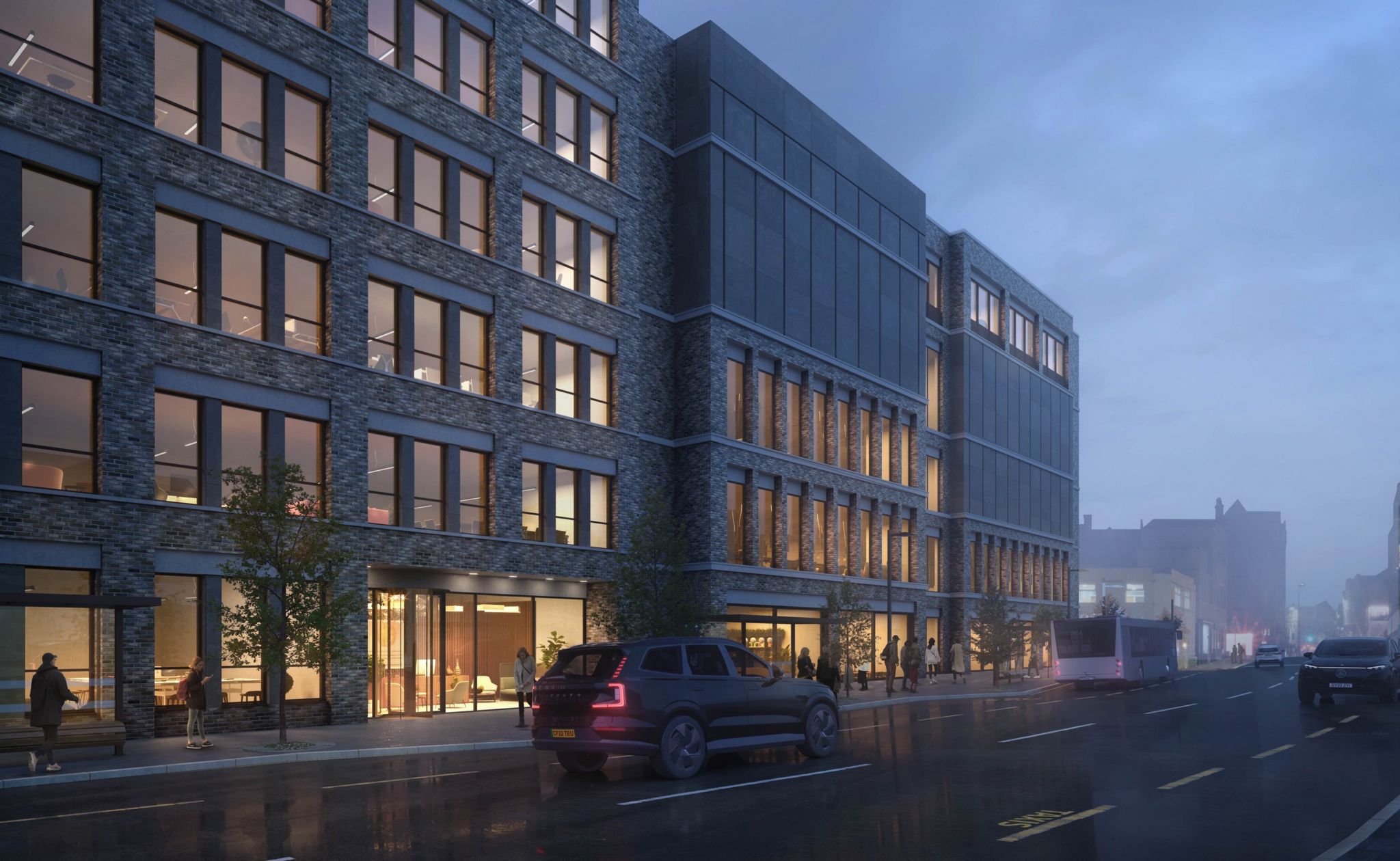 Artist's impression of a view of the building from the Lord Street site at dusk