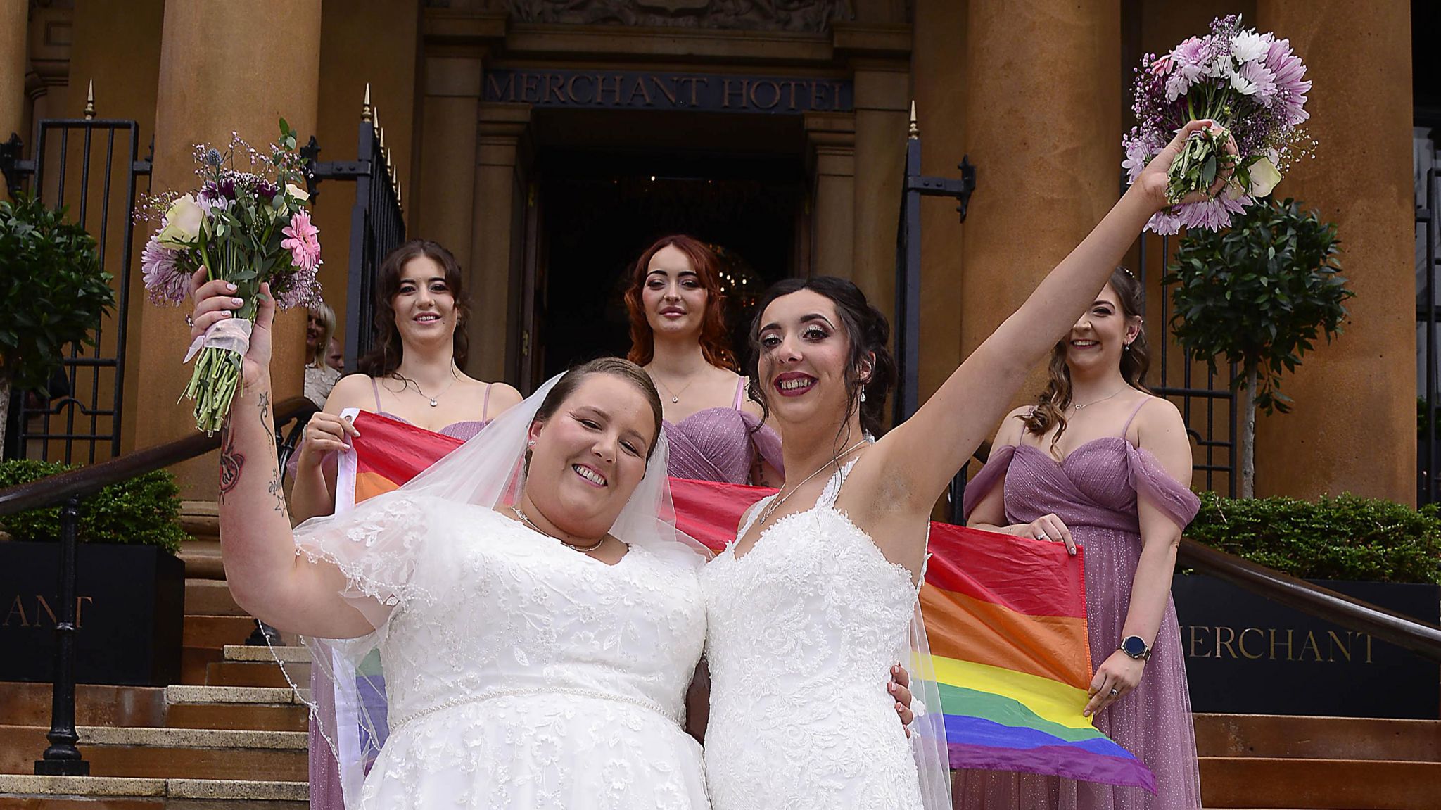  Carrie- Anne Ives and Hannah Ives from Banbridge pictured during their Wedding at the The Merchant Hotel in Belfast on Pride Day.