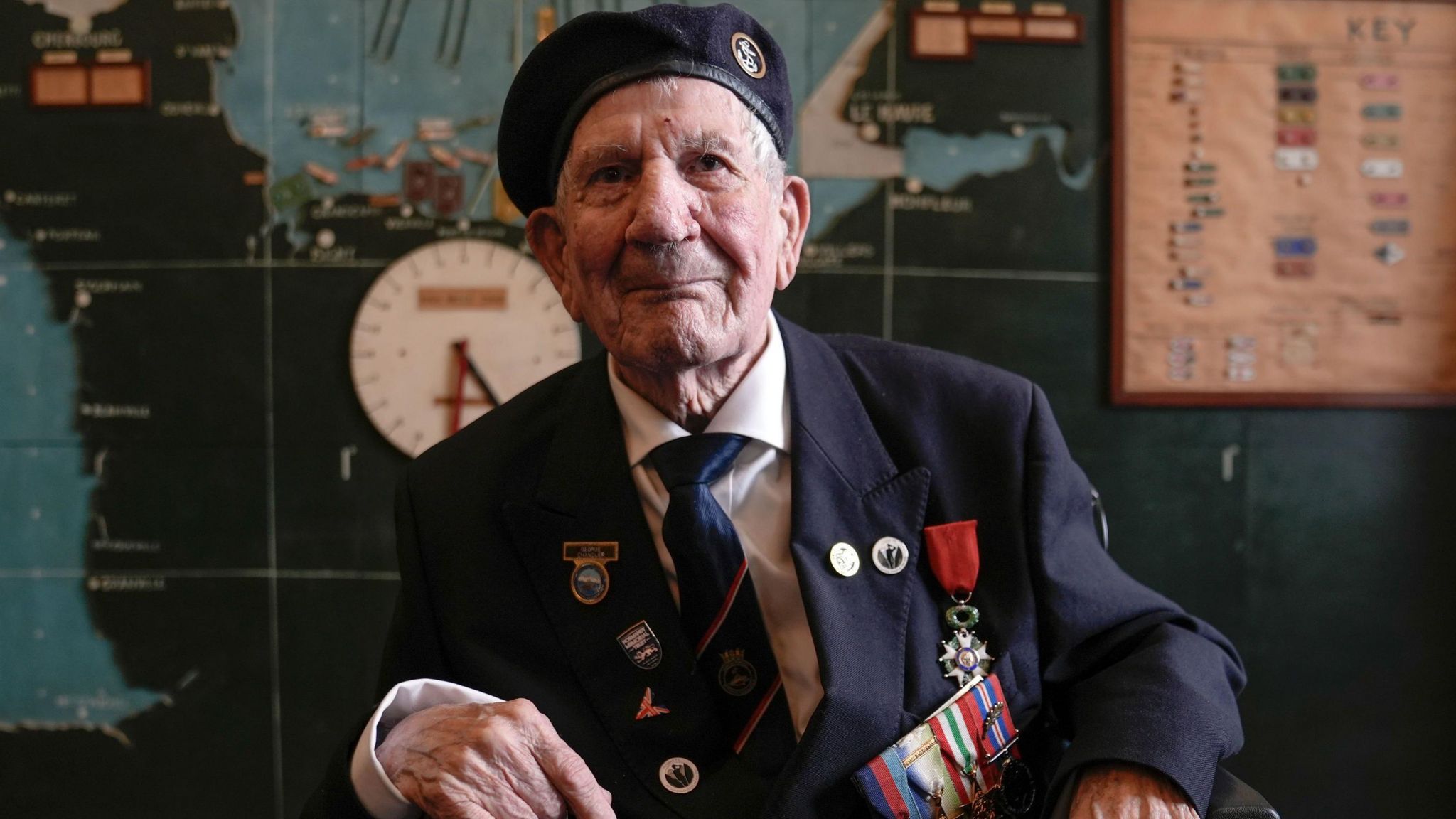 Veteran George Chandler in the map room of Southwick House