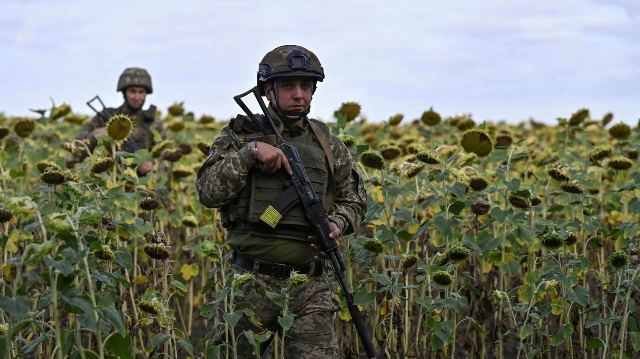 Two Ukrainian soldiers stand in a field of sunflowers near Pokrovsk - both are dressed in military gear and helmets, with the man in the foreground holding what looks to be a large machine gun 