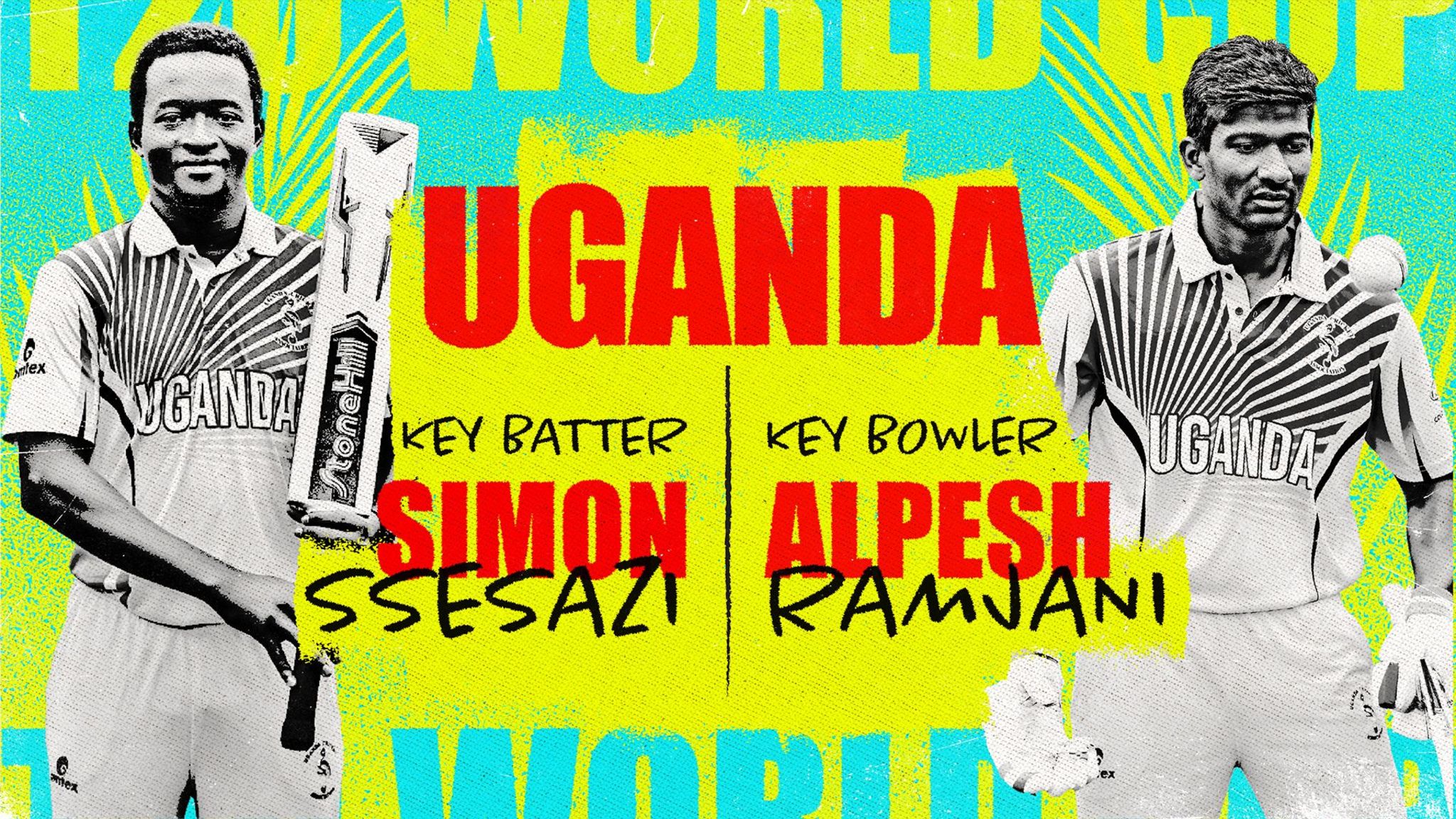 A graphic showing Simon Ssesazi and Alpesh Ramjani as Uganda's key batter and bowler at the Men's T20 World Cup