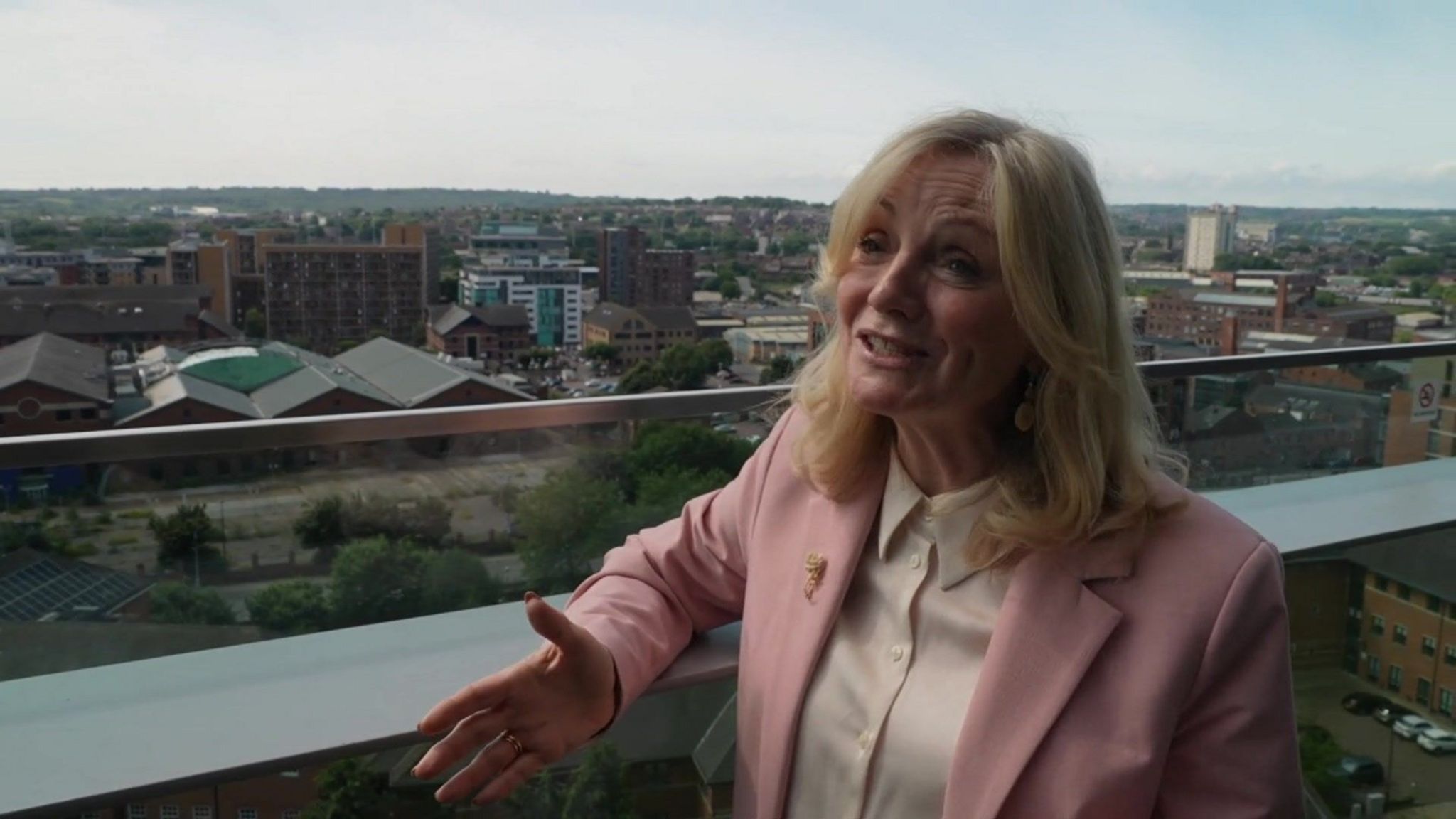 Tracy Brabin, West Yorkshire mayor talks to the camera on a balcony overlooking Leeds