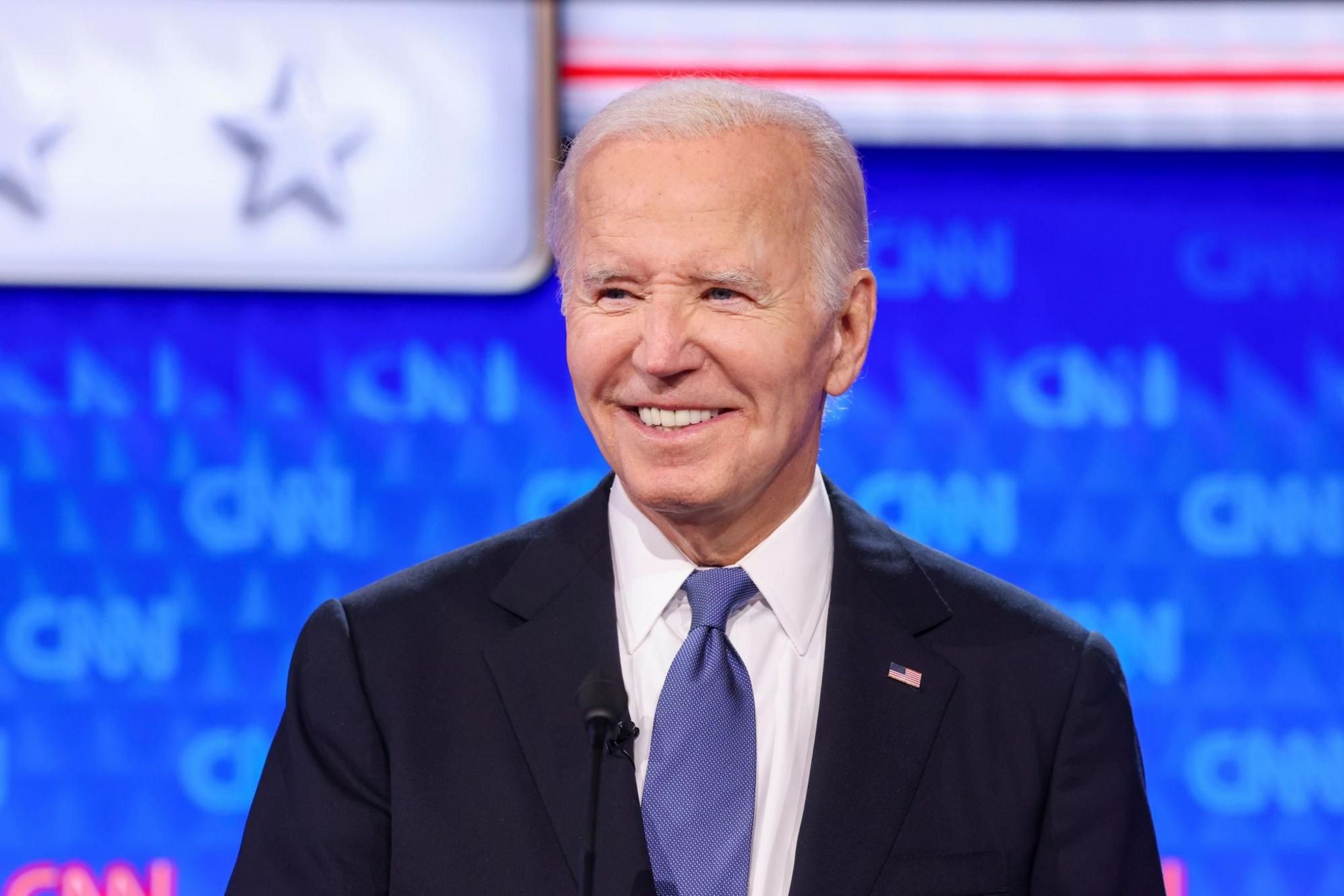 US President Joe Biden seen on stage during the first presidential debates