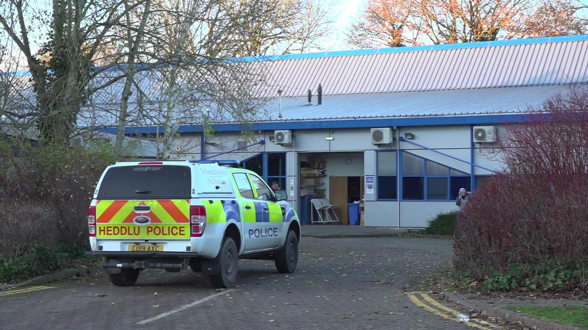 Police vehicle outside Teledyne Labtech factory in Presteigne in Powys