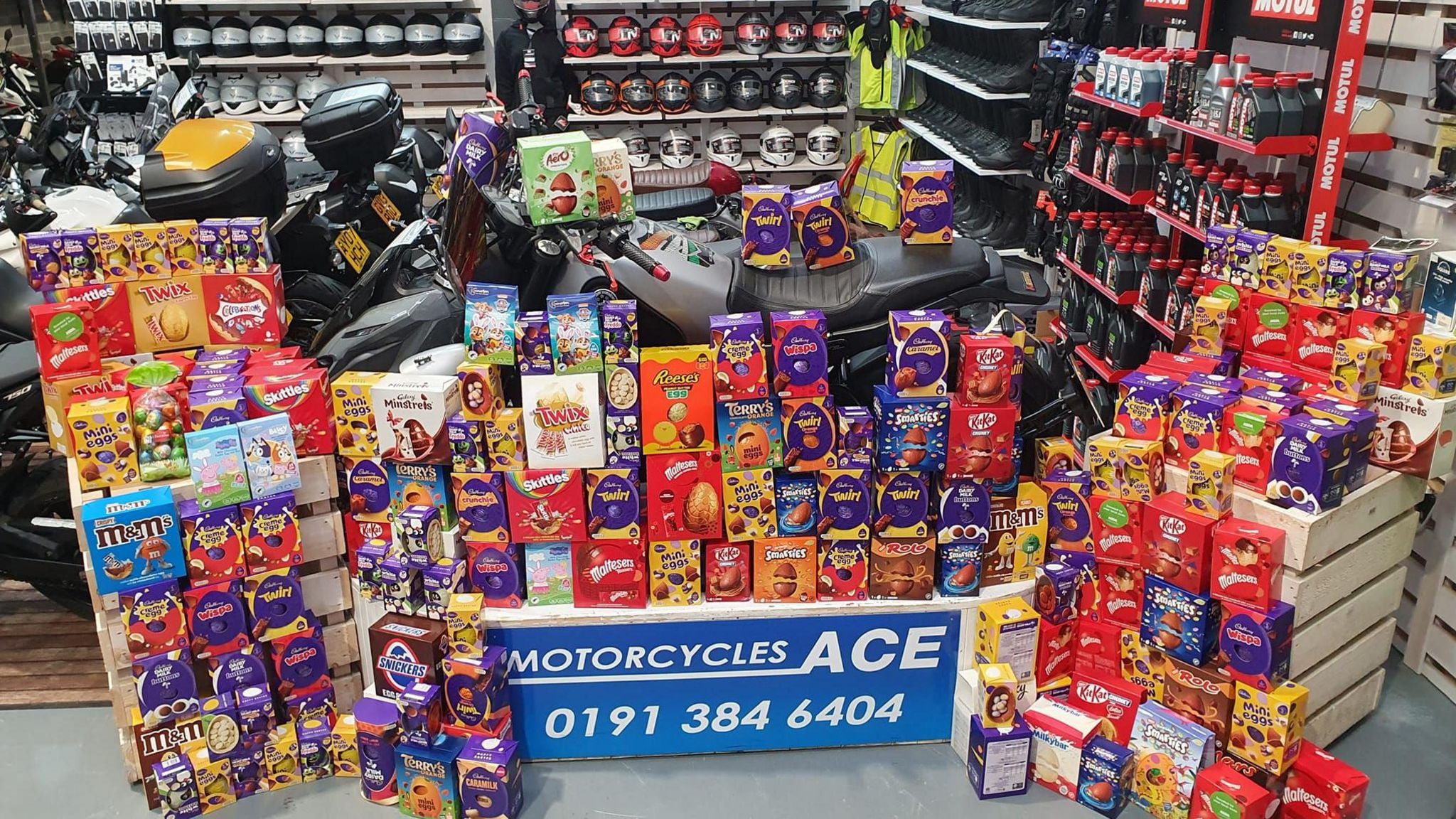 Donated Easter eggs at a motorcycle store