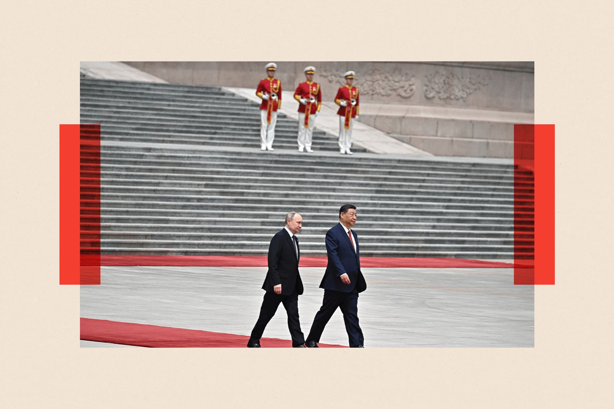 Vladimir Putin and Xi Jinping walk on a red carpet 