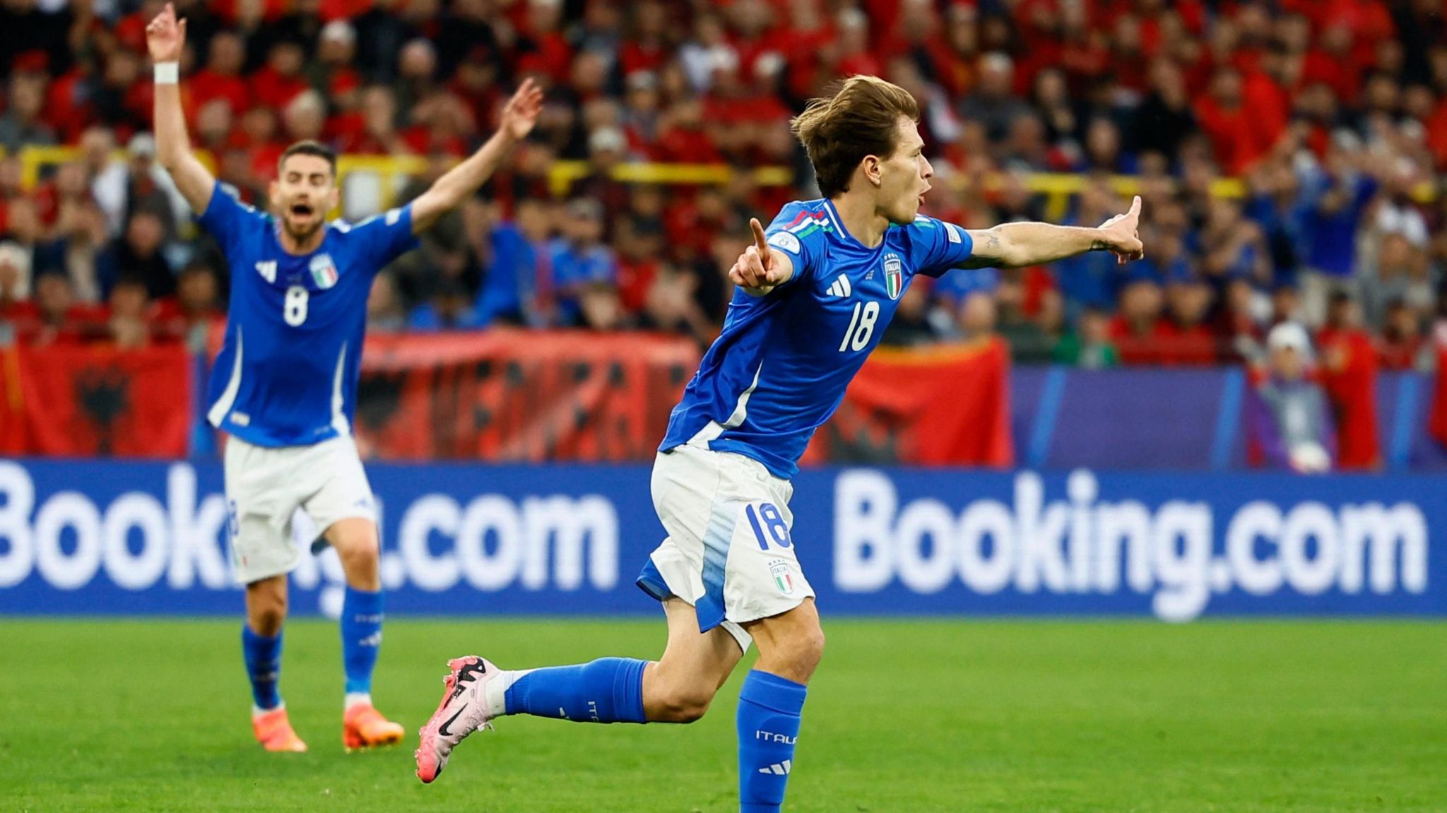 Nicolo Barella celebrates after scoring for Italy against Albania
