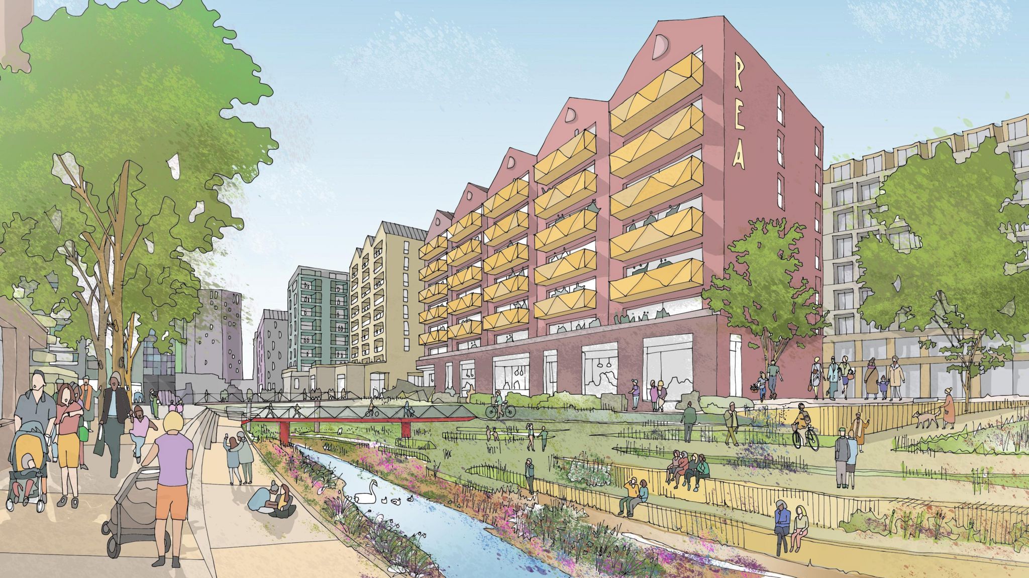 Artist's impression of how Birmingham could look - a block of flats set behind the Rea river, green space and a pedestrian route
